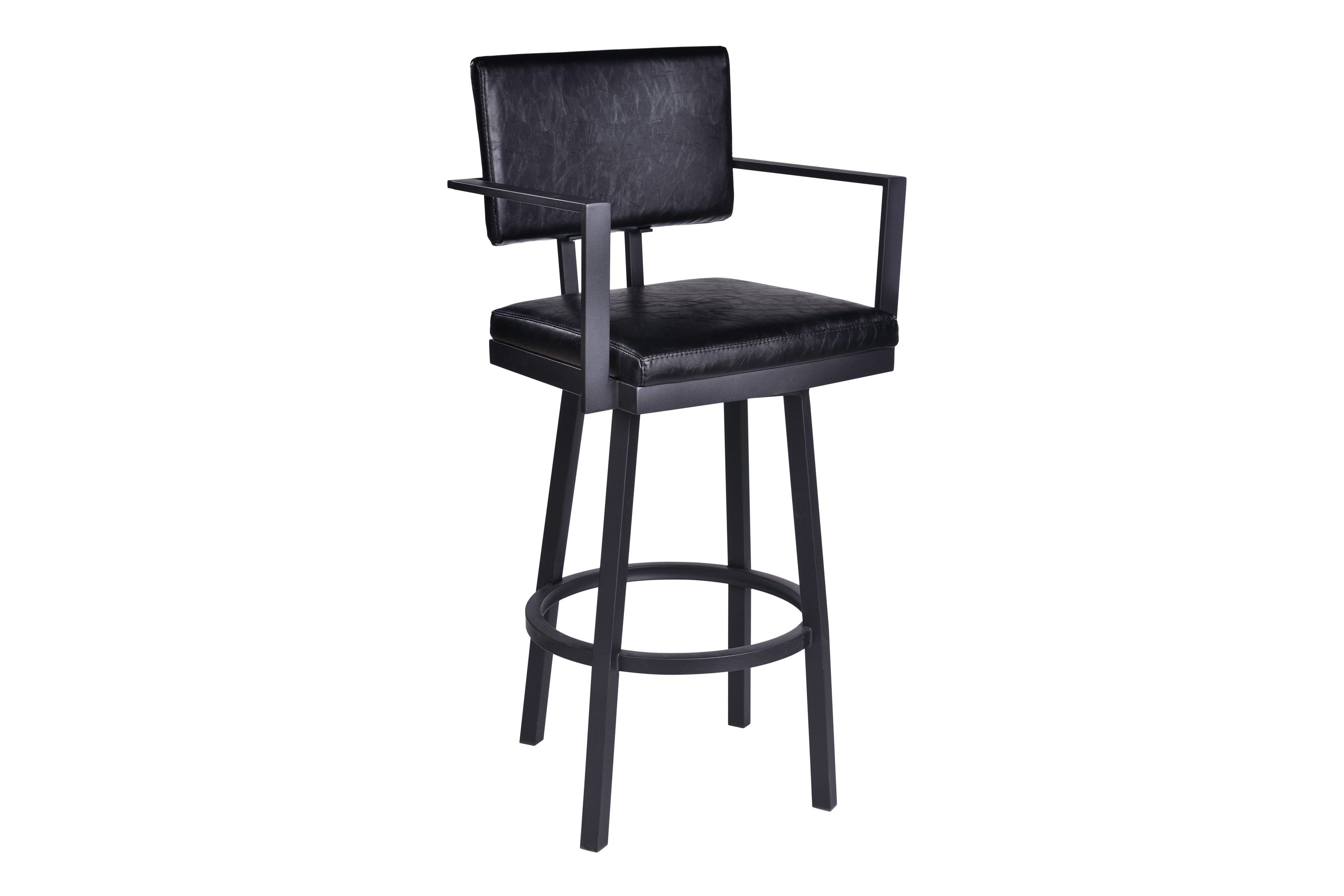Balboa 26" Counter Height Swivel Vintage Black Faux Leather and Metal Bar Stool with Arms