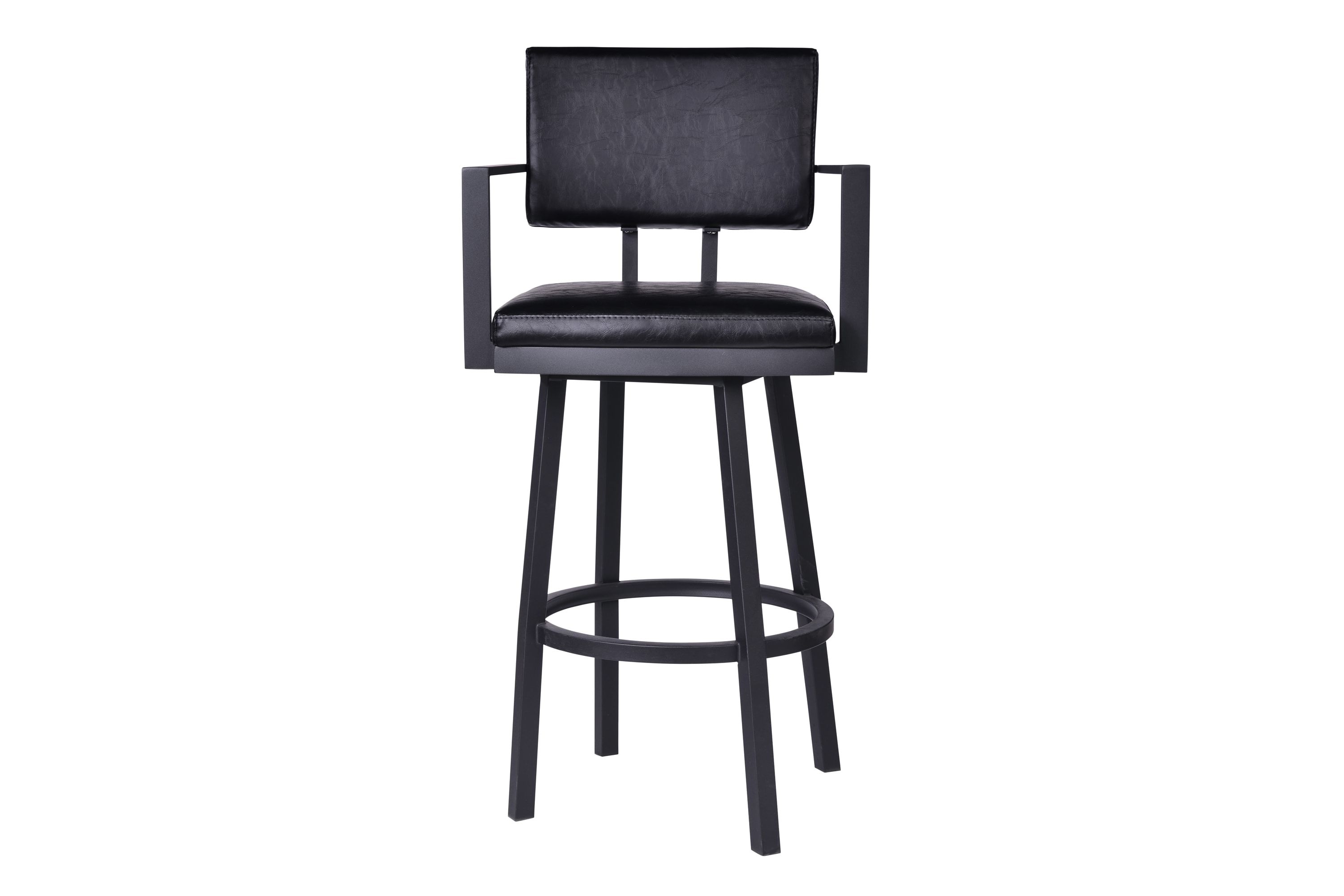 Balboa 26" Counter Height Swivel Vintage Black Faux Leather and Metal Bar Stool with Arms