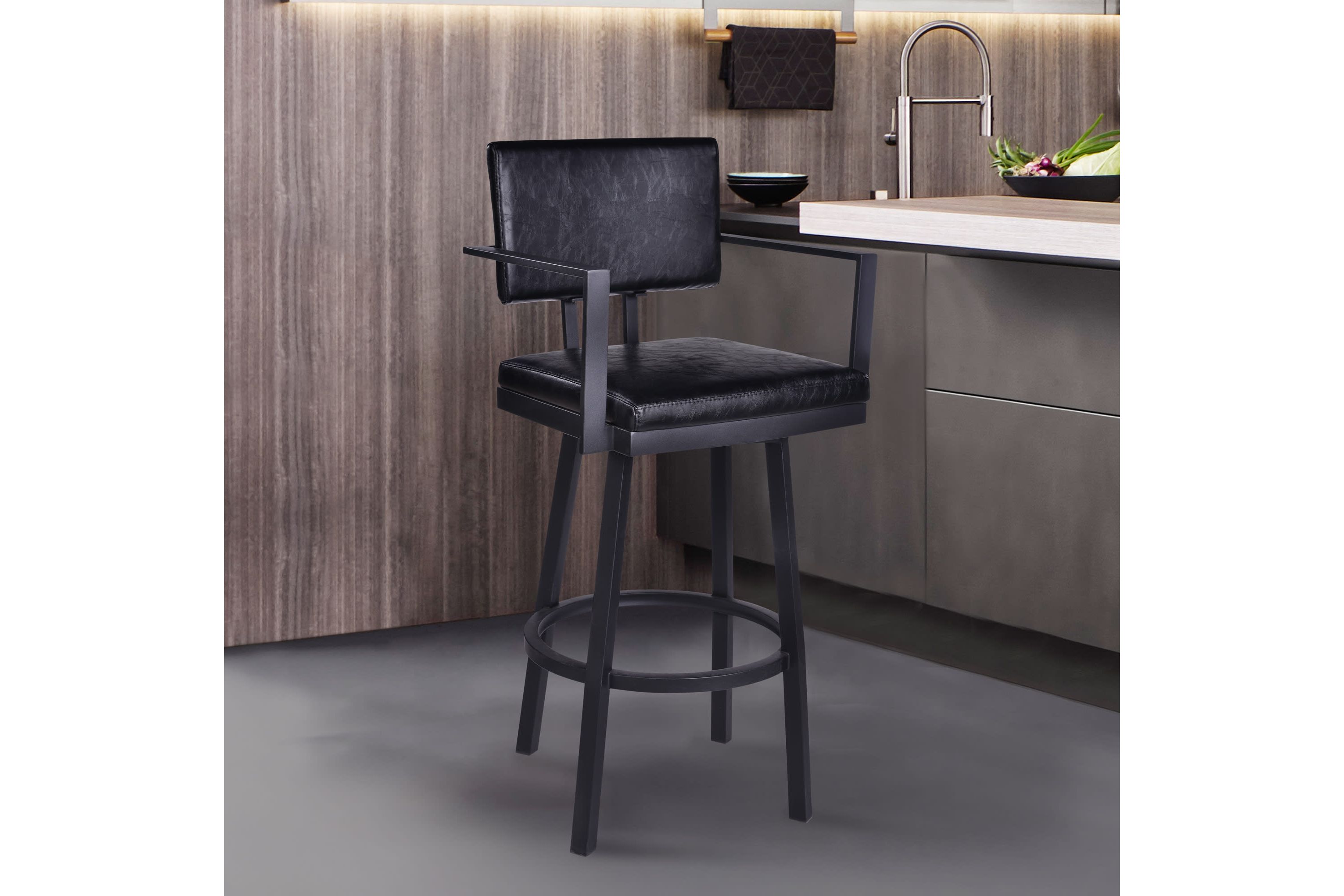 Balboa 26" Counter Height Swivel Vintage Black Faux Leather and Metal Bar Stool with Arms