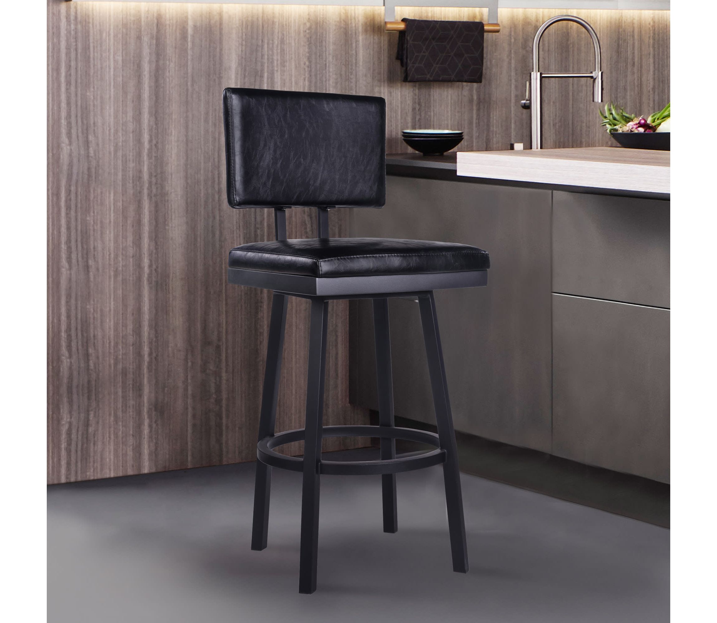 Balboa 26" Counter Height Swivel Vintage Black Faux Leather and Metal Bar Stool