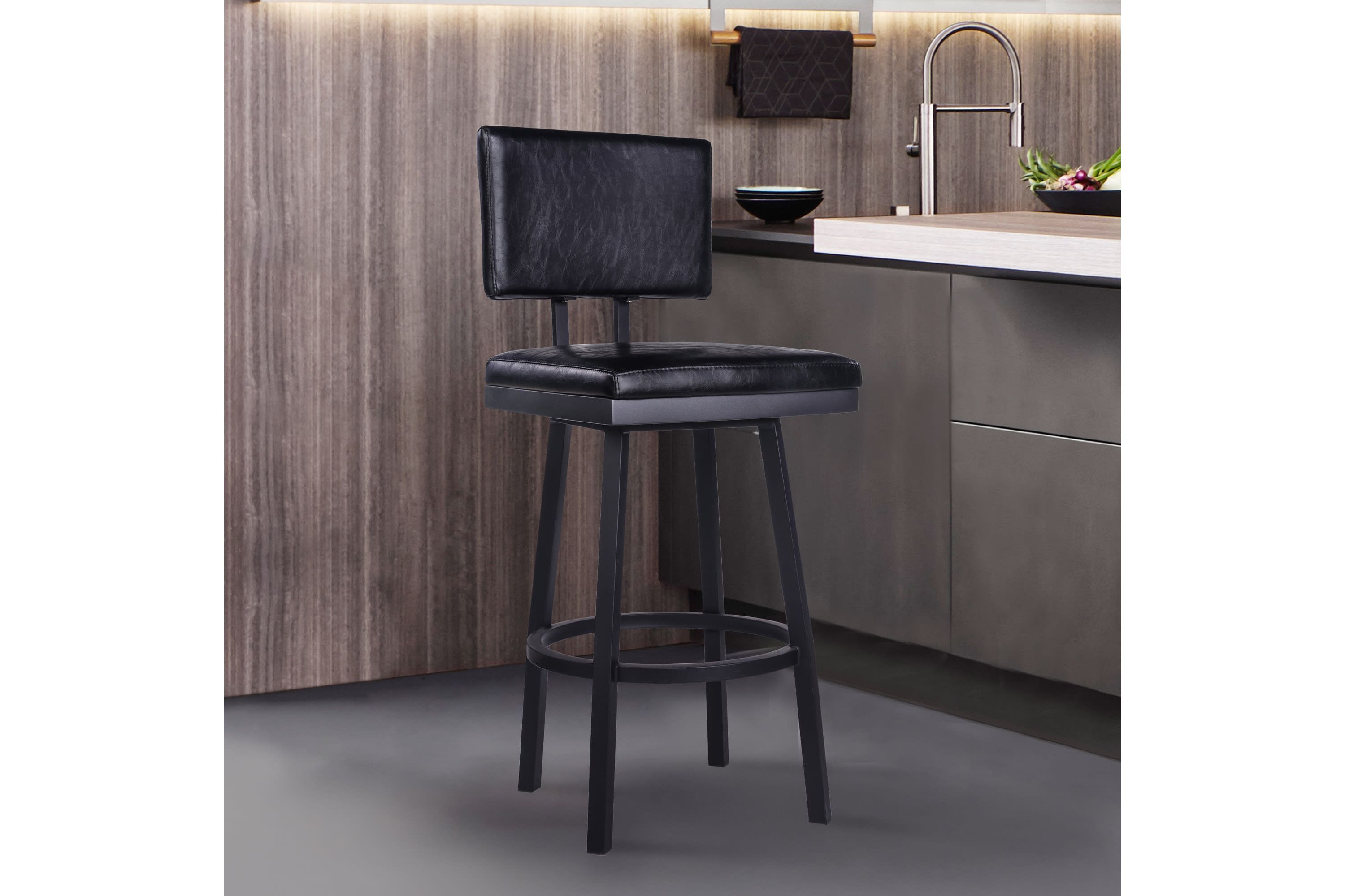 Balboa 26" Counter Height Swivel Vintage Black Faux Leather and Metal Bar Stool