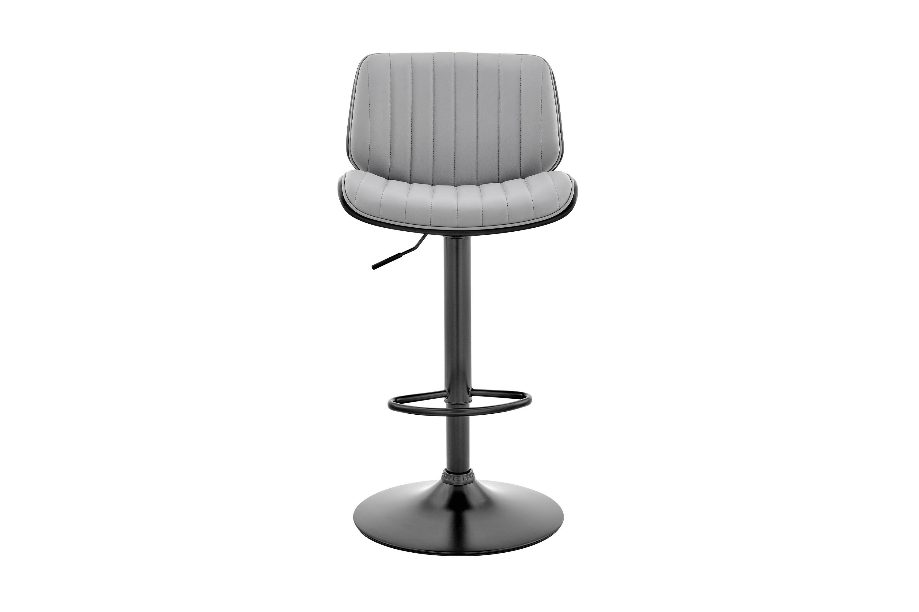 Brock Adjustable Gray Faux Leather and Walnut Wood Bar Stool with Black Base