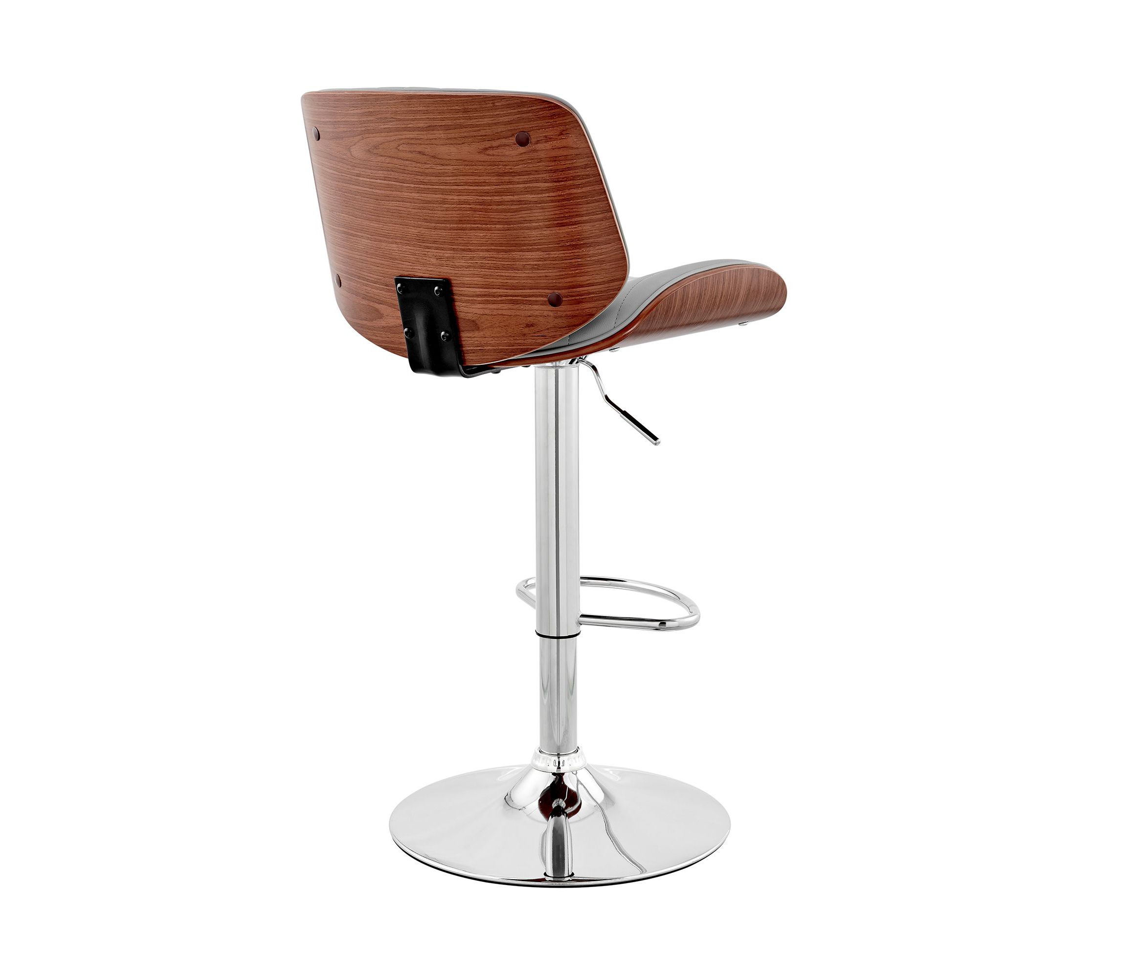 Brock Adjustable Gray Faux Leather and Walnut Wood with Chrome Finish Bar Stool