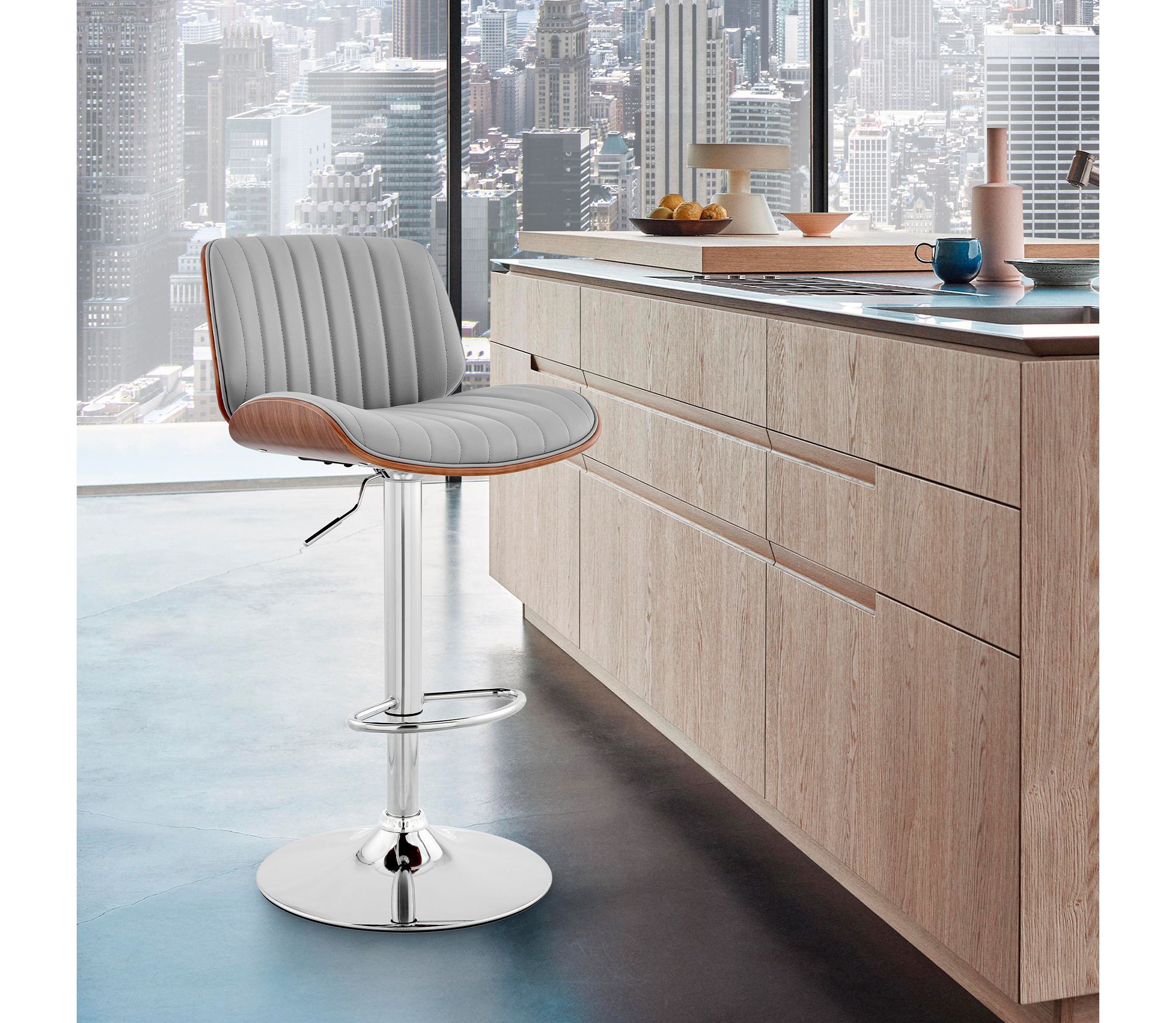 Brock Adjustable Gray Faux Leather and Walnut Wood with Chrome Finish Bar Stool