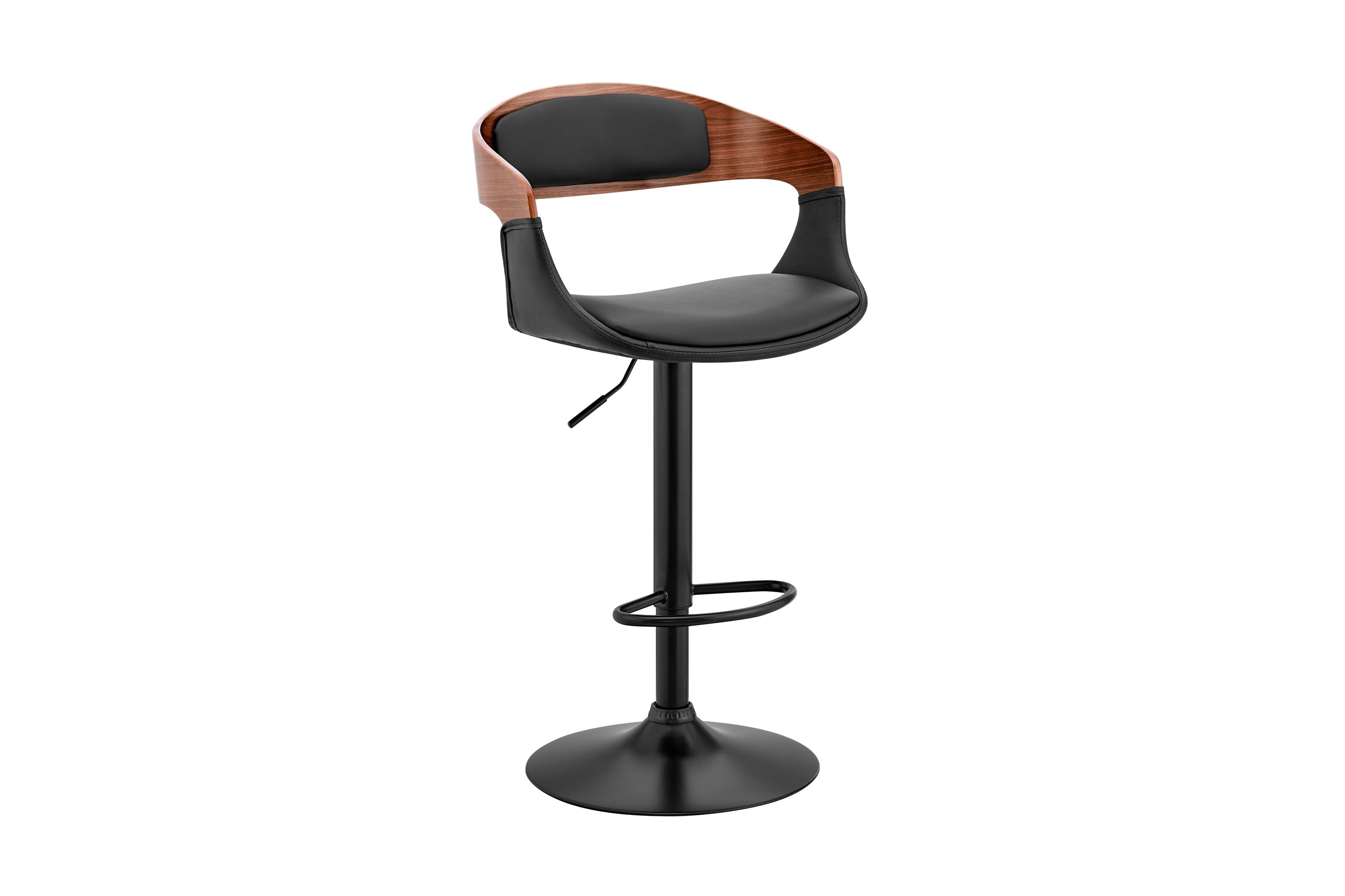 Benson Adjustable Black Faux Leather and Walnut Wood Bar Stool with Black Base