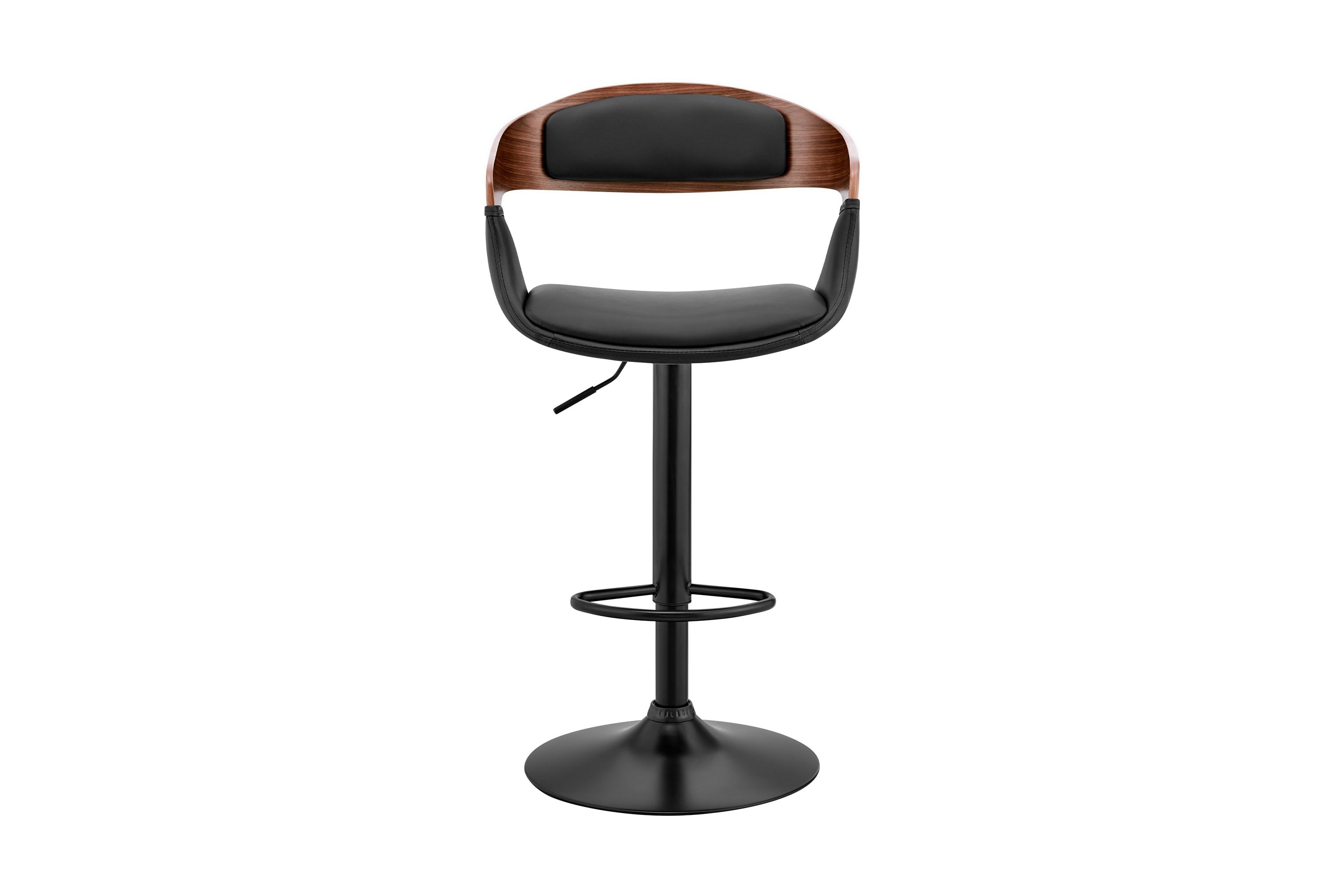 Benson Adjustable Black Faux Leather and Walnut Wood Bar Stool with Black Base