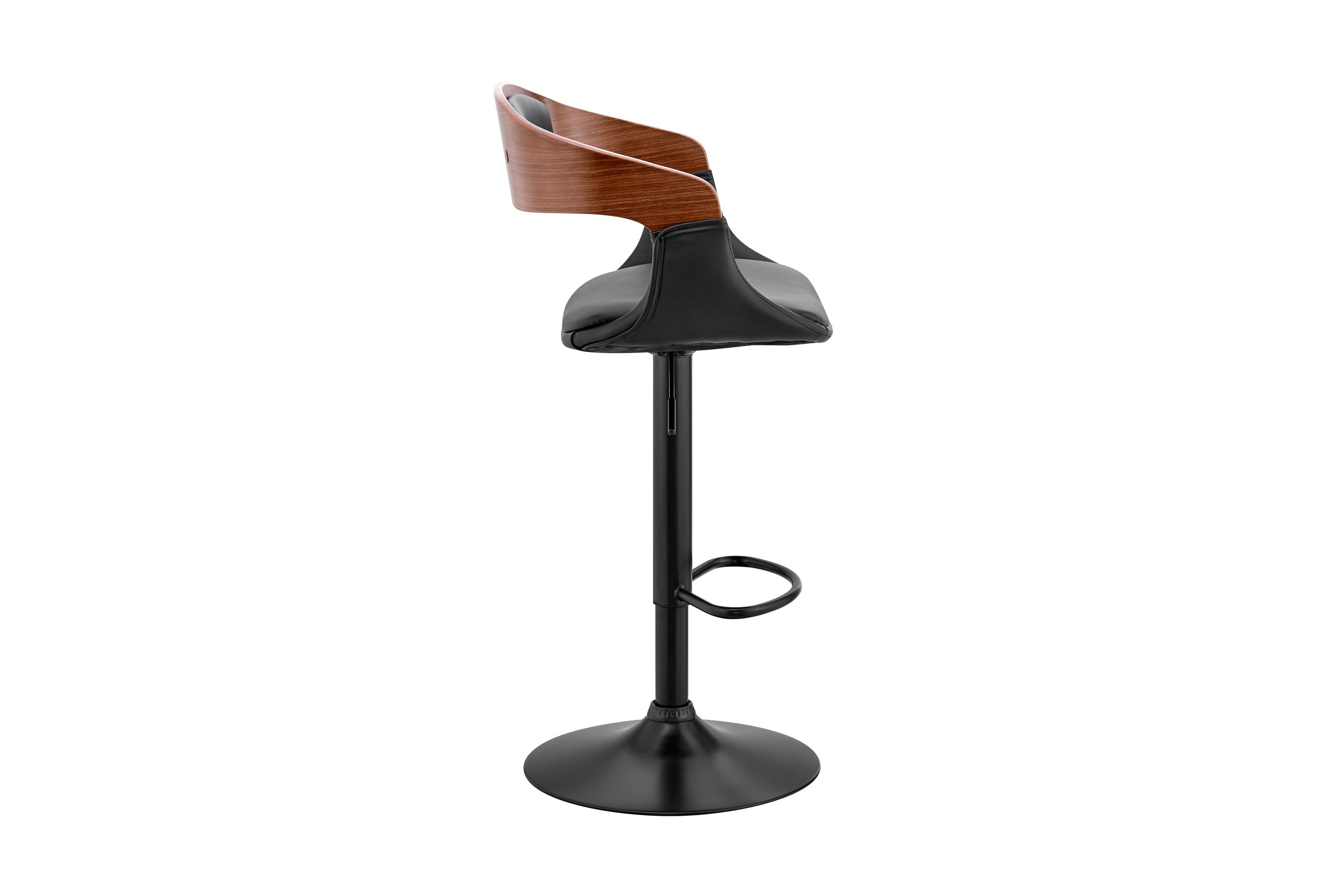 Benson Adjustable Black Faux Leather and Walnut Wood Bar Stool with Black Base