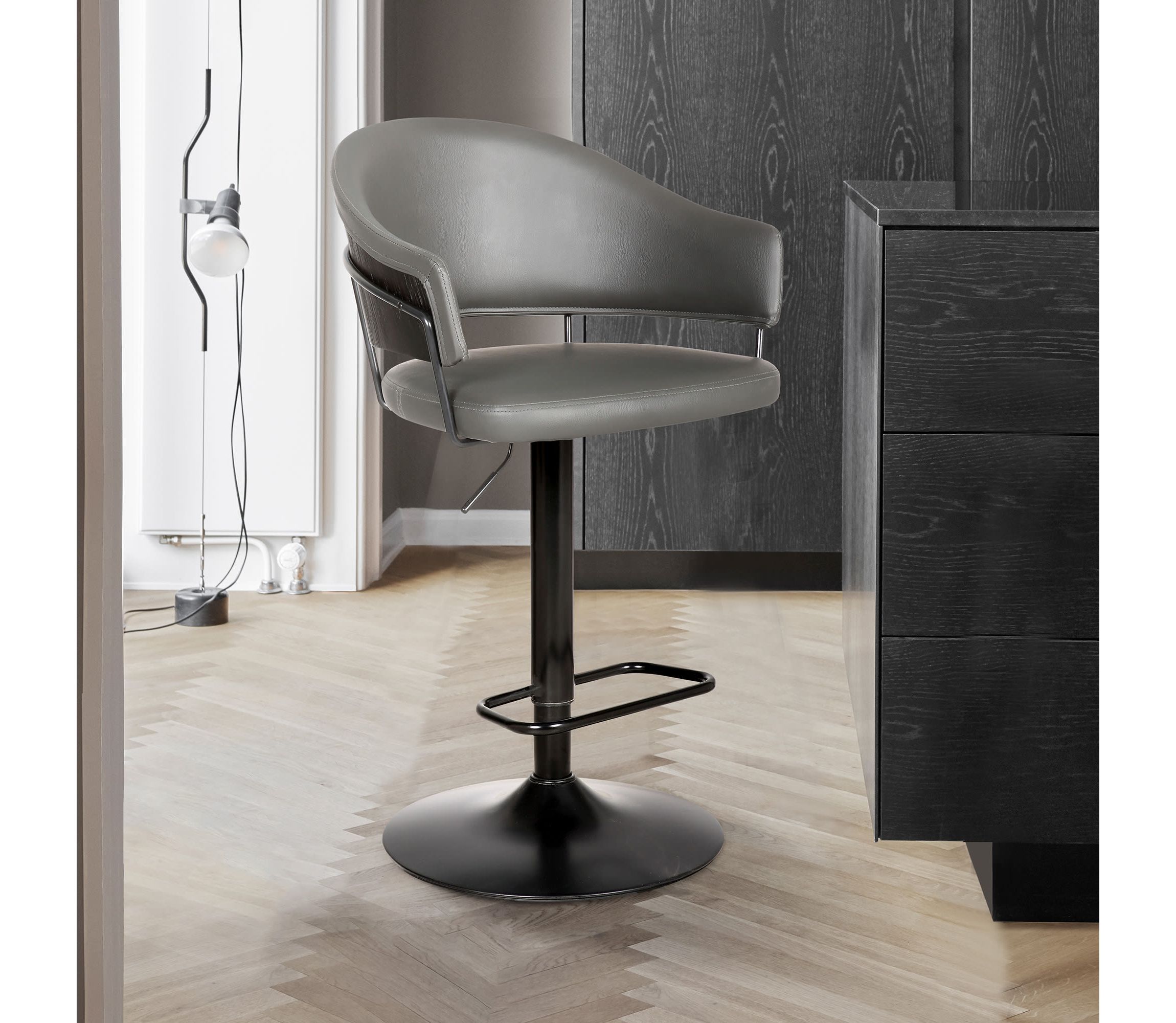 Brody Adjustable Height Swivel Gray Faux Leather and Black Wood and Metal Base Bar Stool
