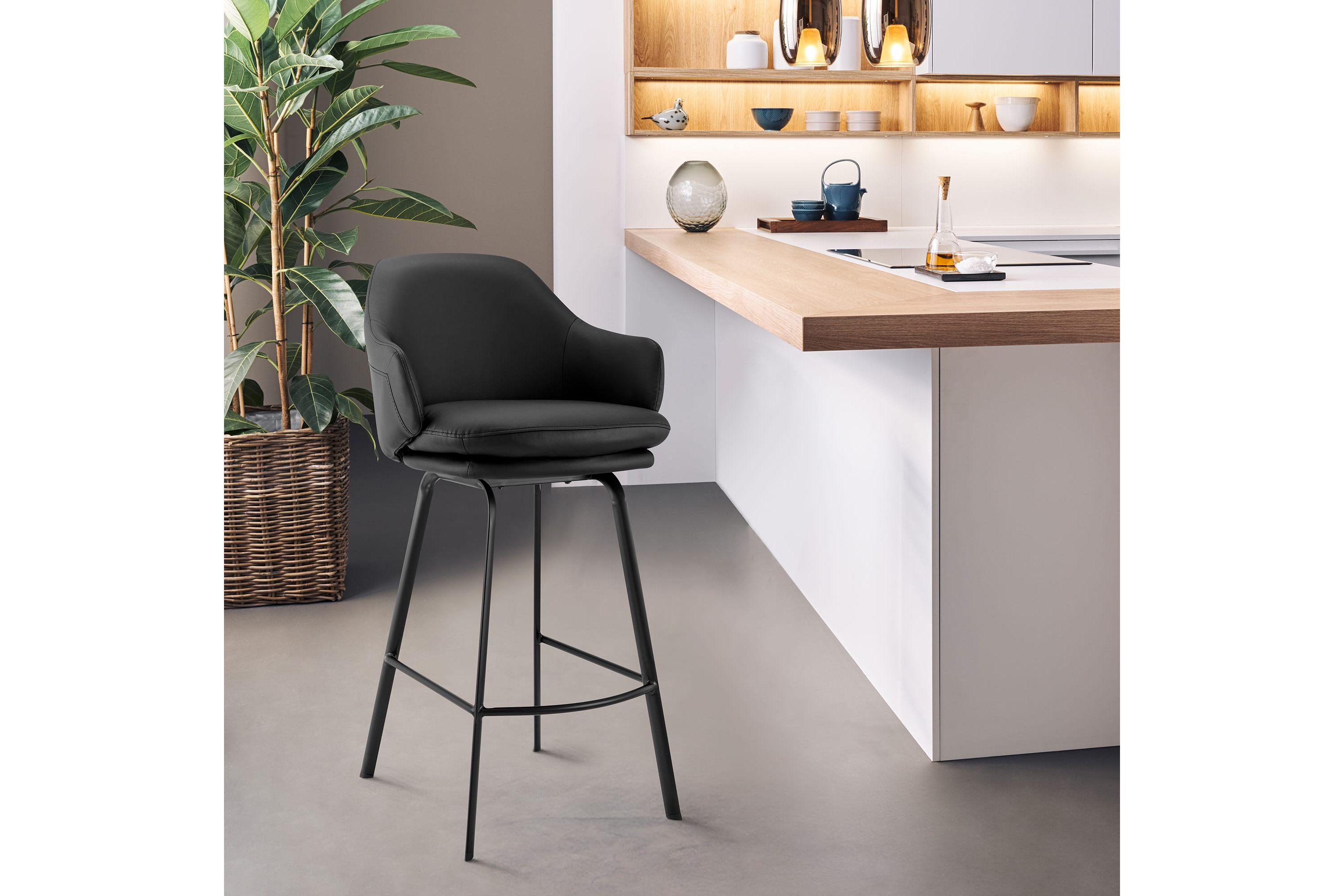 Brigden Black Faux Leather and Black Metal Swivel 26" Counter Stool