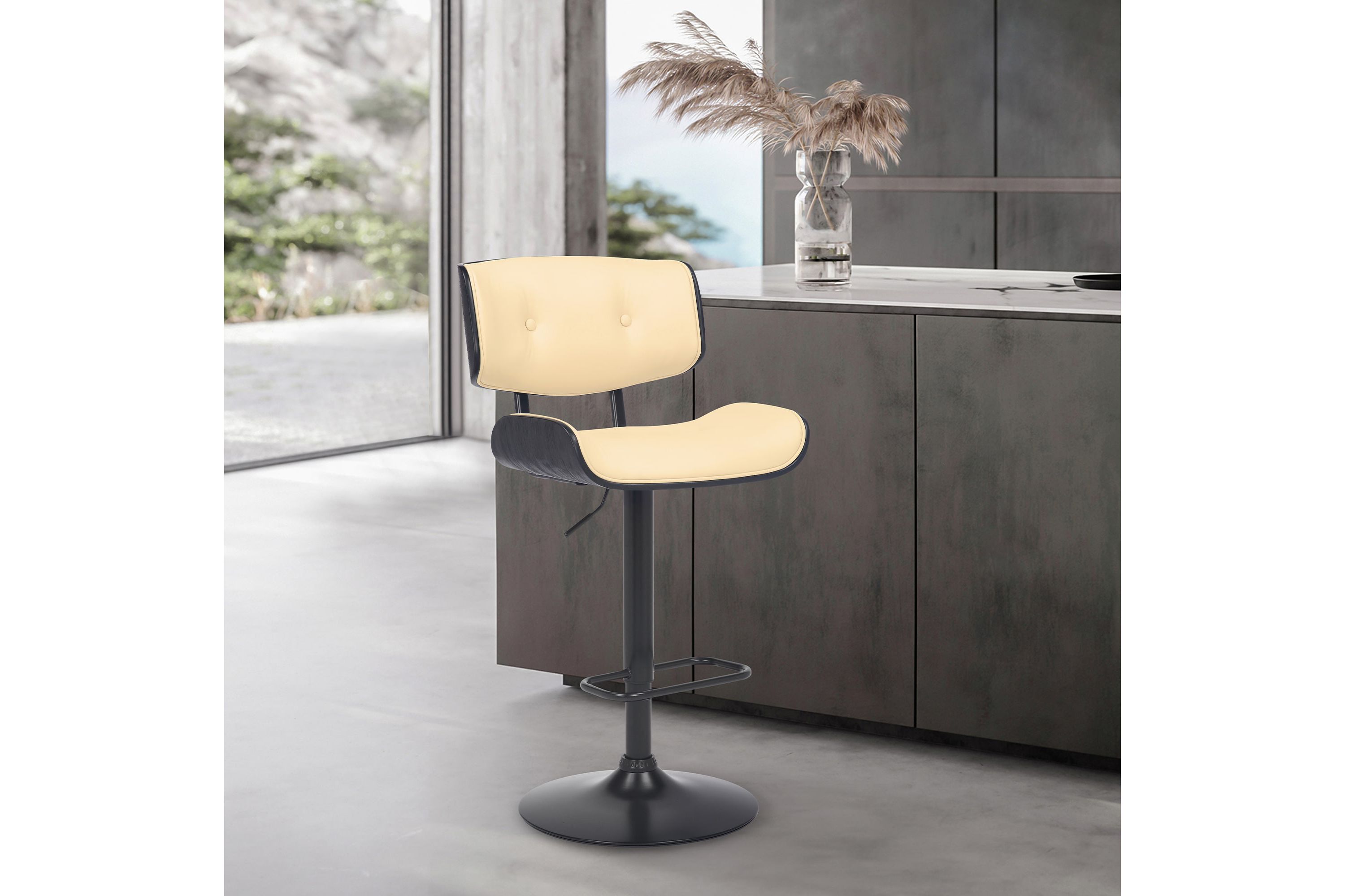 Brooklyn Adjustable Swivel Cream Faux Leather and Black Wood Bar Stool with Black Base