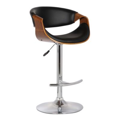 Armen Living Butterfly Adjustable Height Swivel Black Faux Leather and Walnut Wood Bar Stool with Chrome Base
