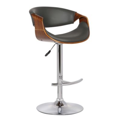 Armen Living Butterfly Adjustable Height Swivel Gray Faux Leather and Walnut Wood Bar Stool with Chrome Base