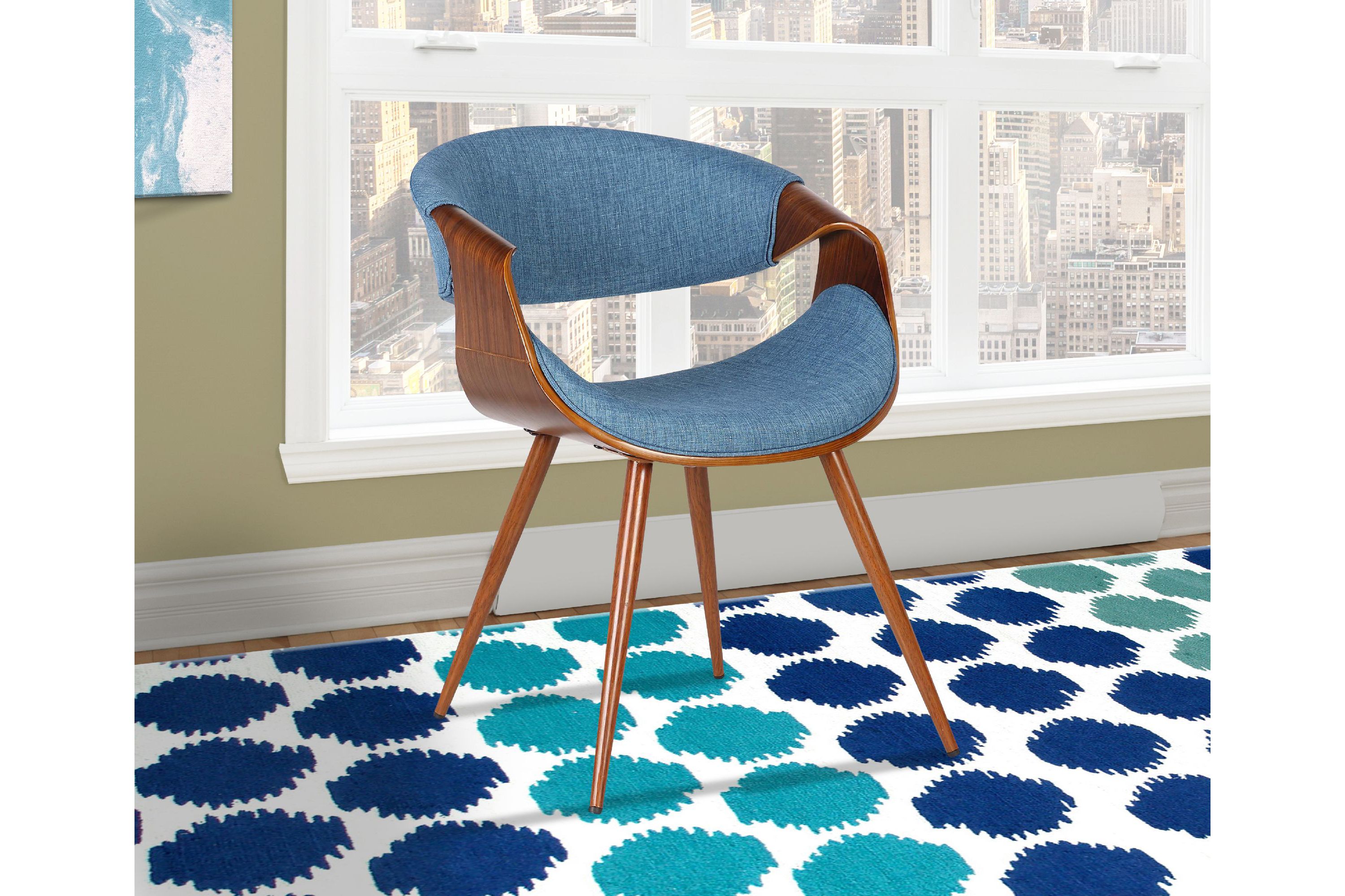 Butterfly Mid-Century Dining Chair in Walnut Finish and Blue Fabric