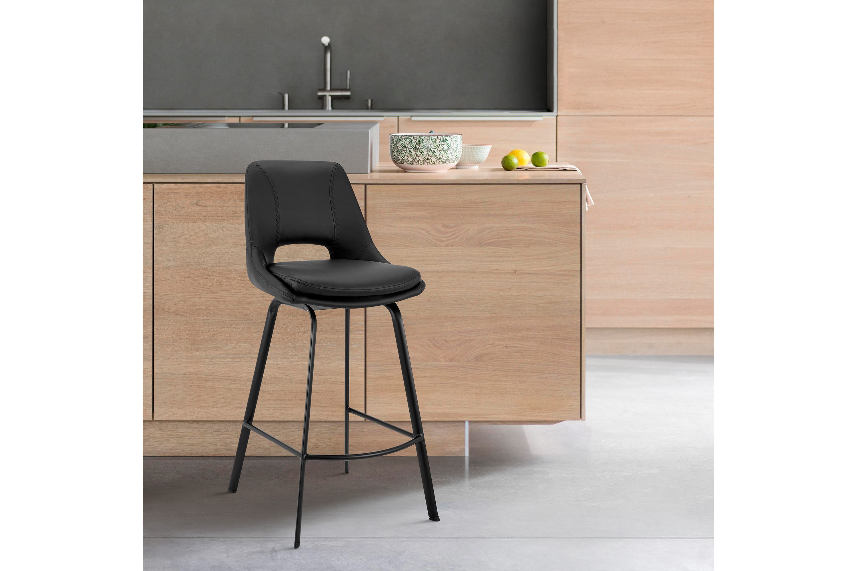Carise Black Faux Leather and Black Metal Swivel 30" Bar Stool