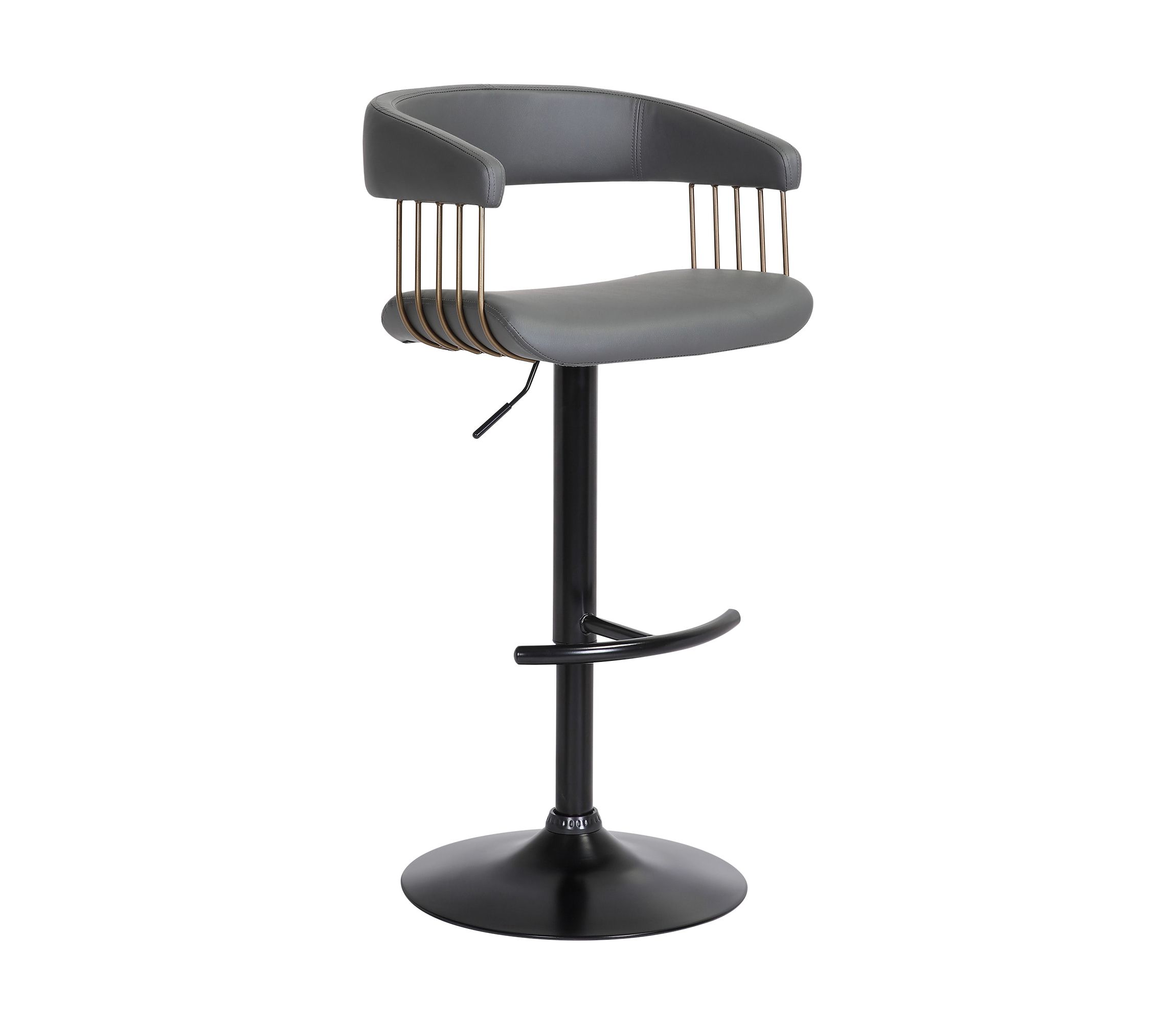 Calista Adjustable Bar Stool in Gray Faux Leather with Golden Bronze and Black Metal