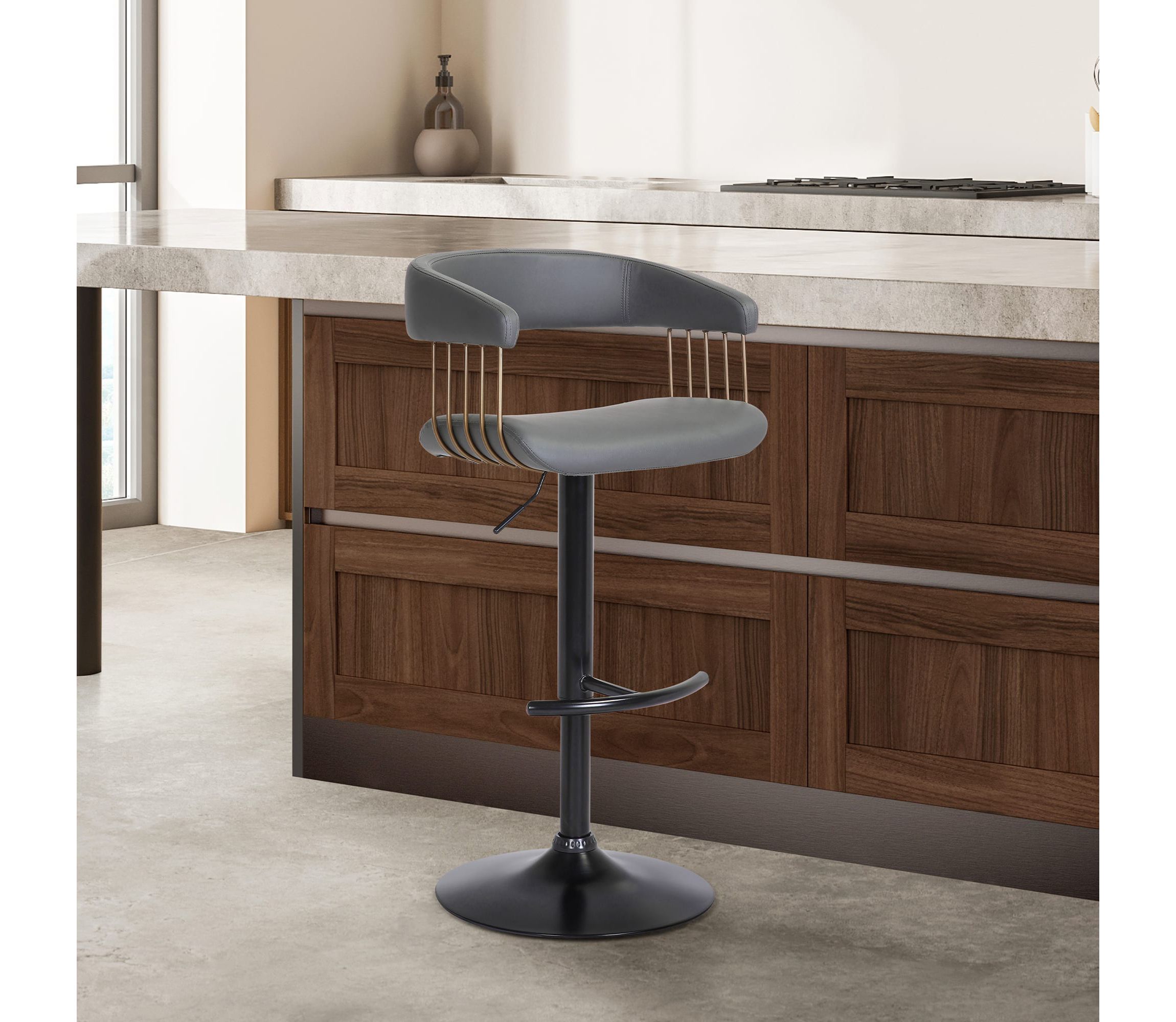 Calista Adjustable Bar Stool in Gray Faux Leather with Golden Bronze and Black Metal