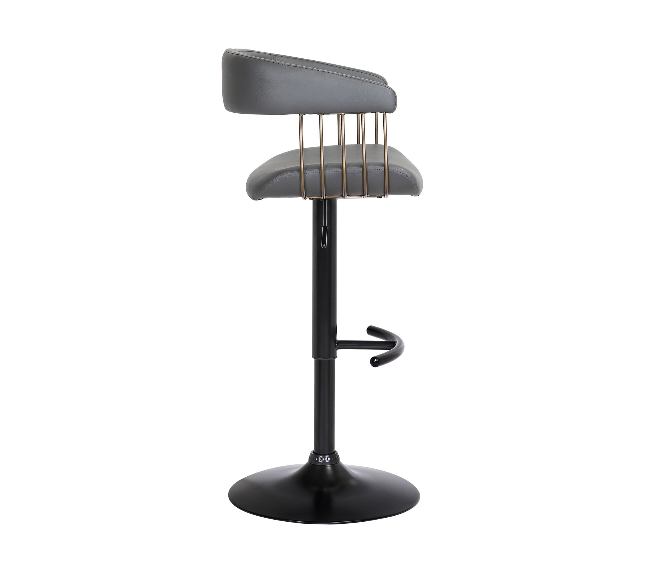 Calista Adjustable Bar Stool in Gray Faux Leather with Golden Bronze and Black Metal