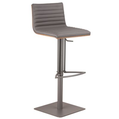 Armen Living Café Adjustable Height Swivel Gray Faux Leather and Walnut Wood Bar Stool with Gray Metal Base