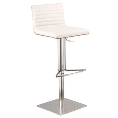 Armen Living Café Adjustable Height Swivel White Faux Leather and Walnut Bar Stool with Brushed Stainless Steel Base