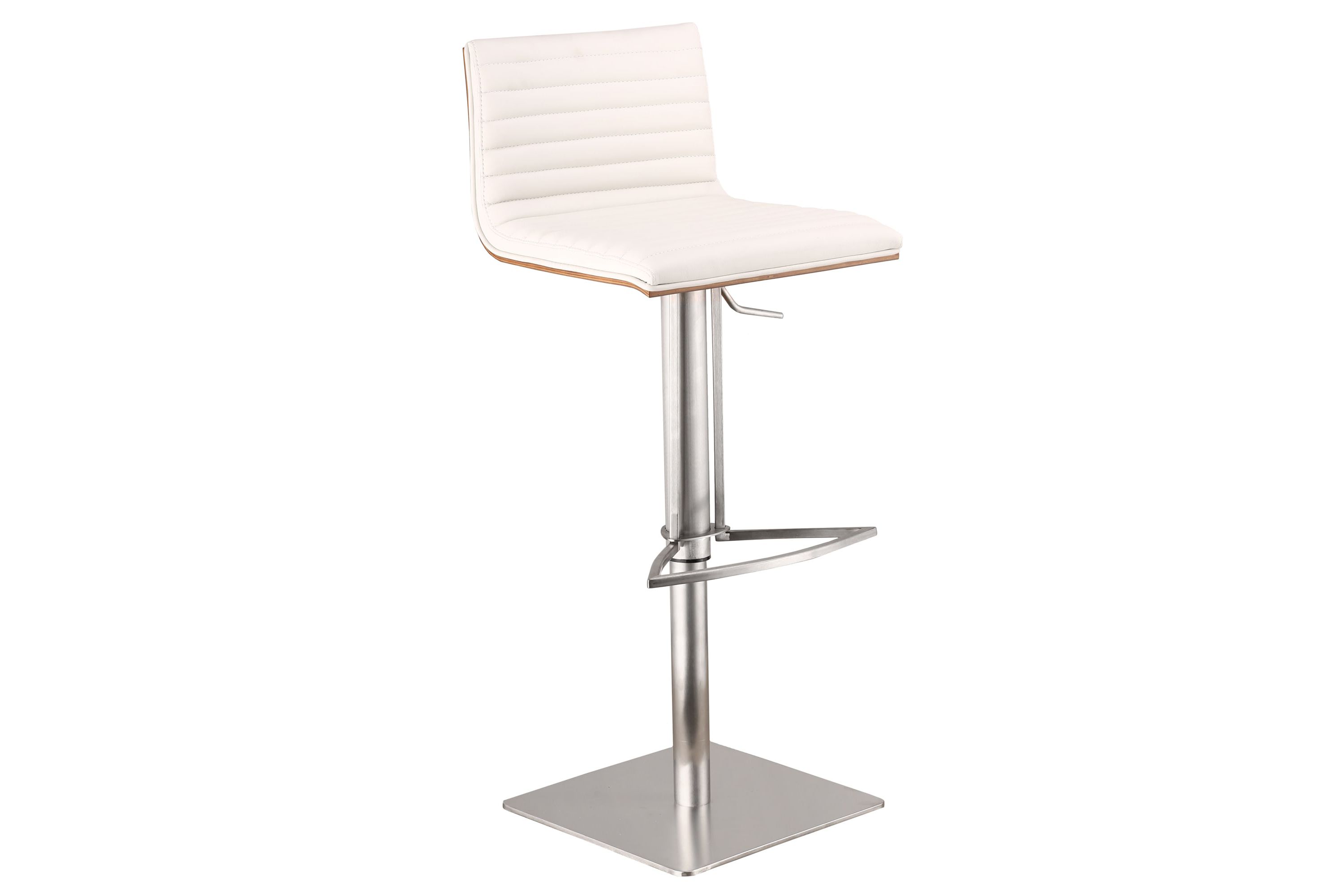 Café Adjustable Height Swivel White Faux Leather and Walnut Bar Stool with Brushed Stainless Steel Base