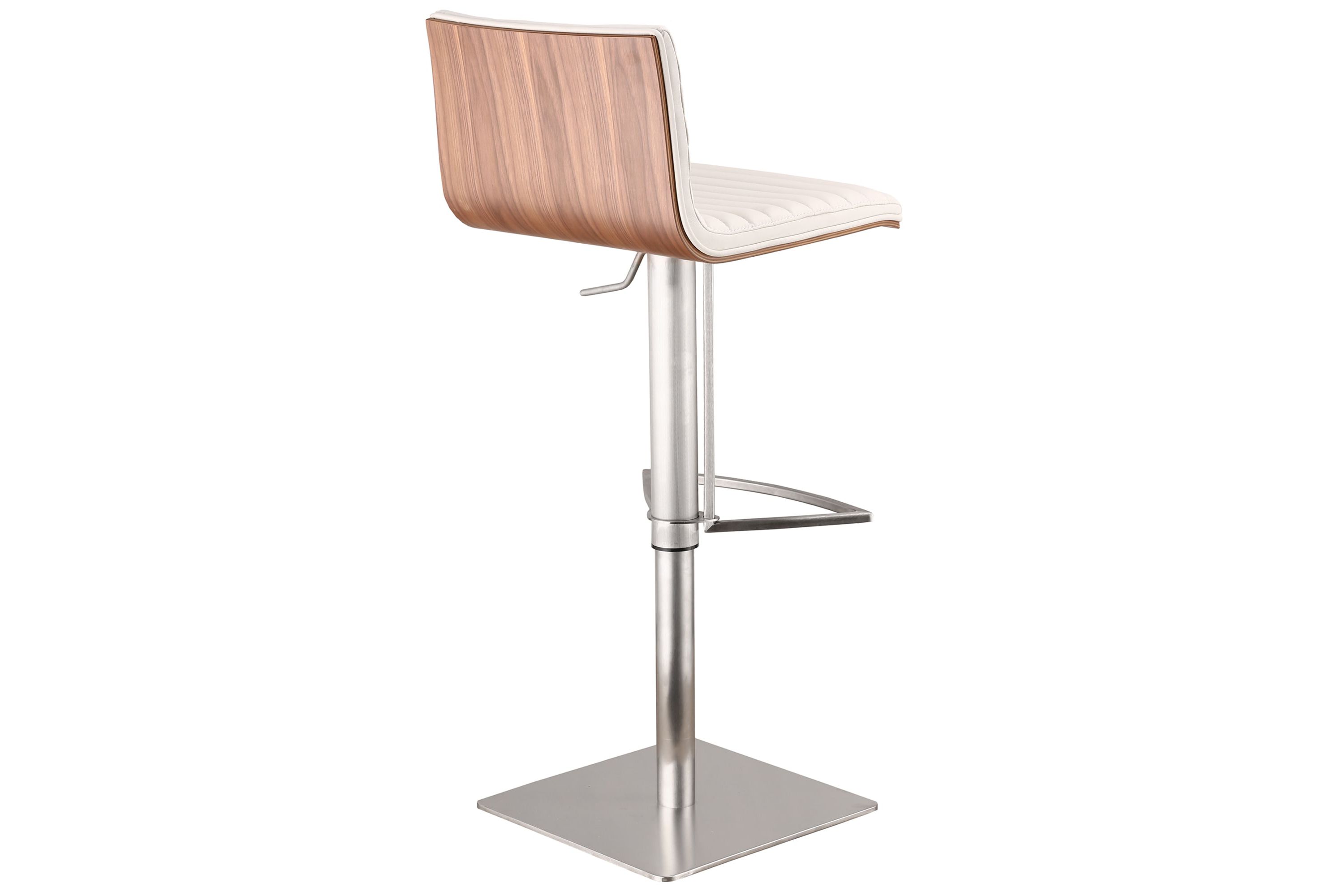 Café Adjustable Height Swivel White Faux Leather and Walnut Bar Stool with Brushed Stainless Steel Base