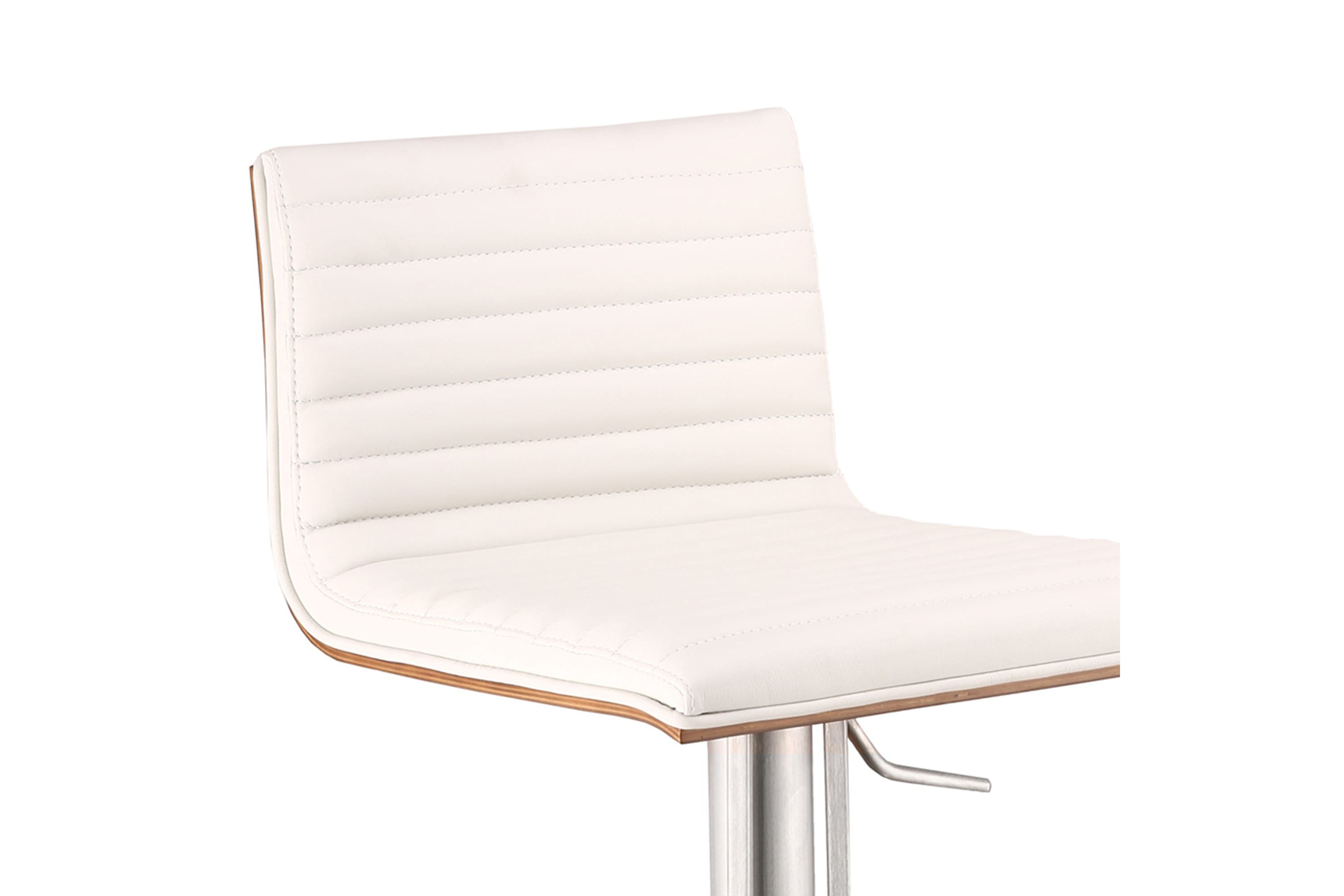 Café Adjustable Height Swivel White Faux Leather and Walnut Bar Stool with Brushed Stainless Steel Base