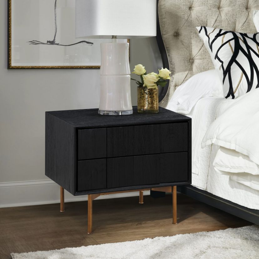 Carnaby 2 Drawer Nightstand in Black Brushed Oak and Bronze