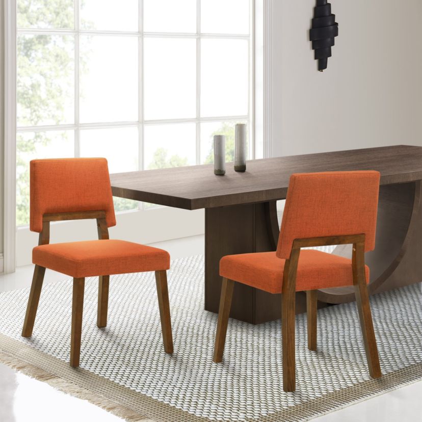 Channell Wood Dining Chair in Walnut Finish with Orange Fabric - Set of 2