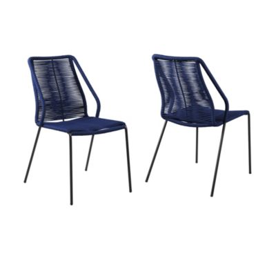 Armen Living Clip Indoor Outdoor Stackable Steel Dining Chair with Blue Rope - Set of 2