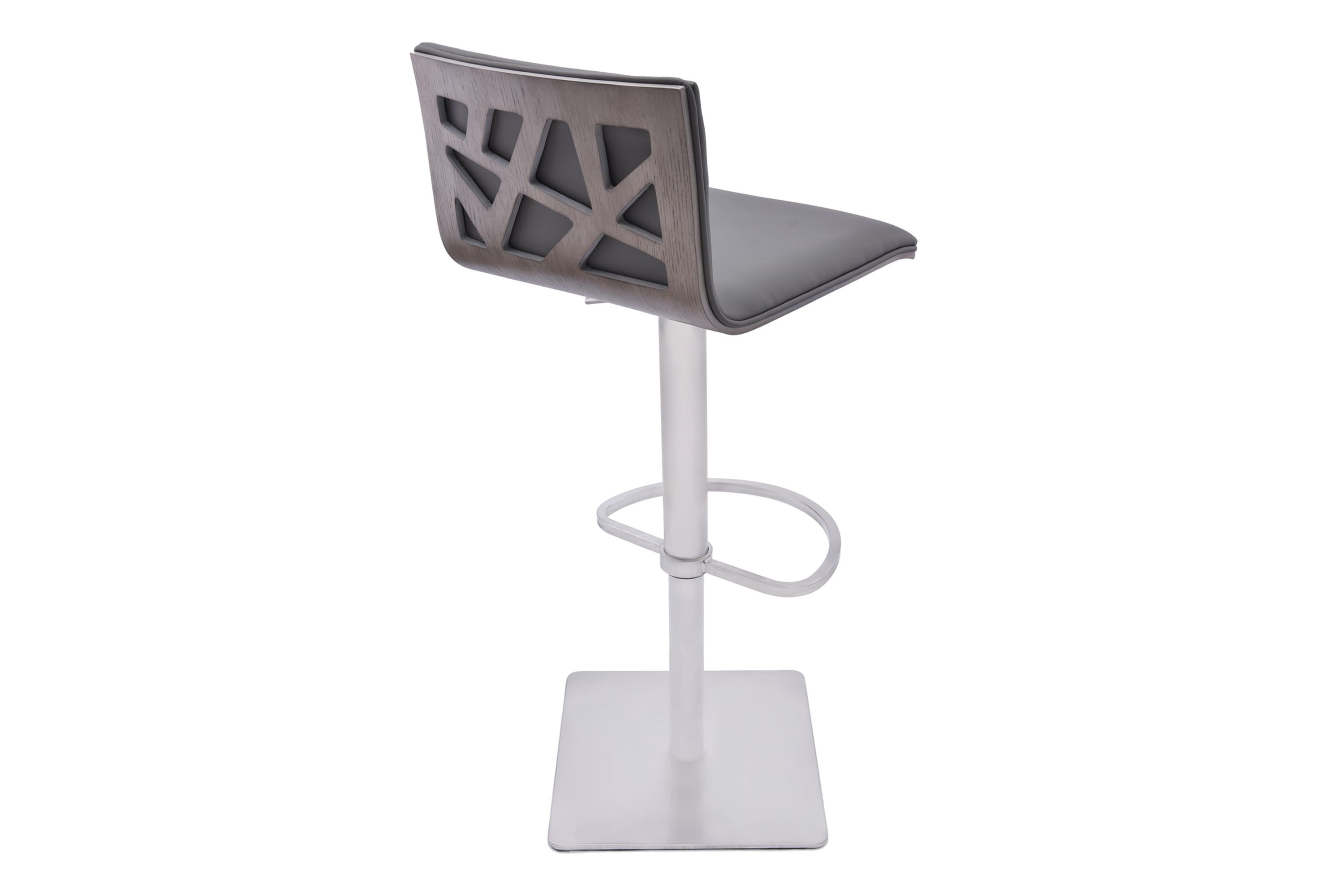 Crystal Adjustable Height Swivel Gray Faux Leather and Gray Walnut Bar Stool with Brushed Stainless Steel Base
