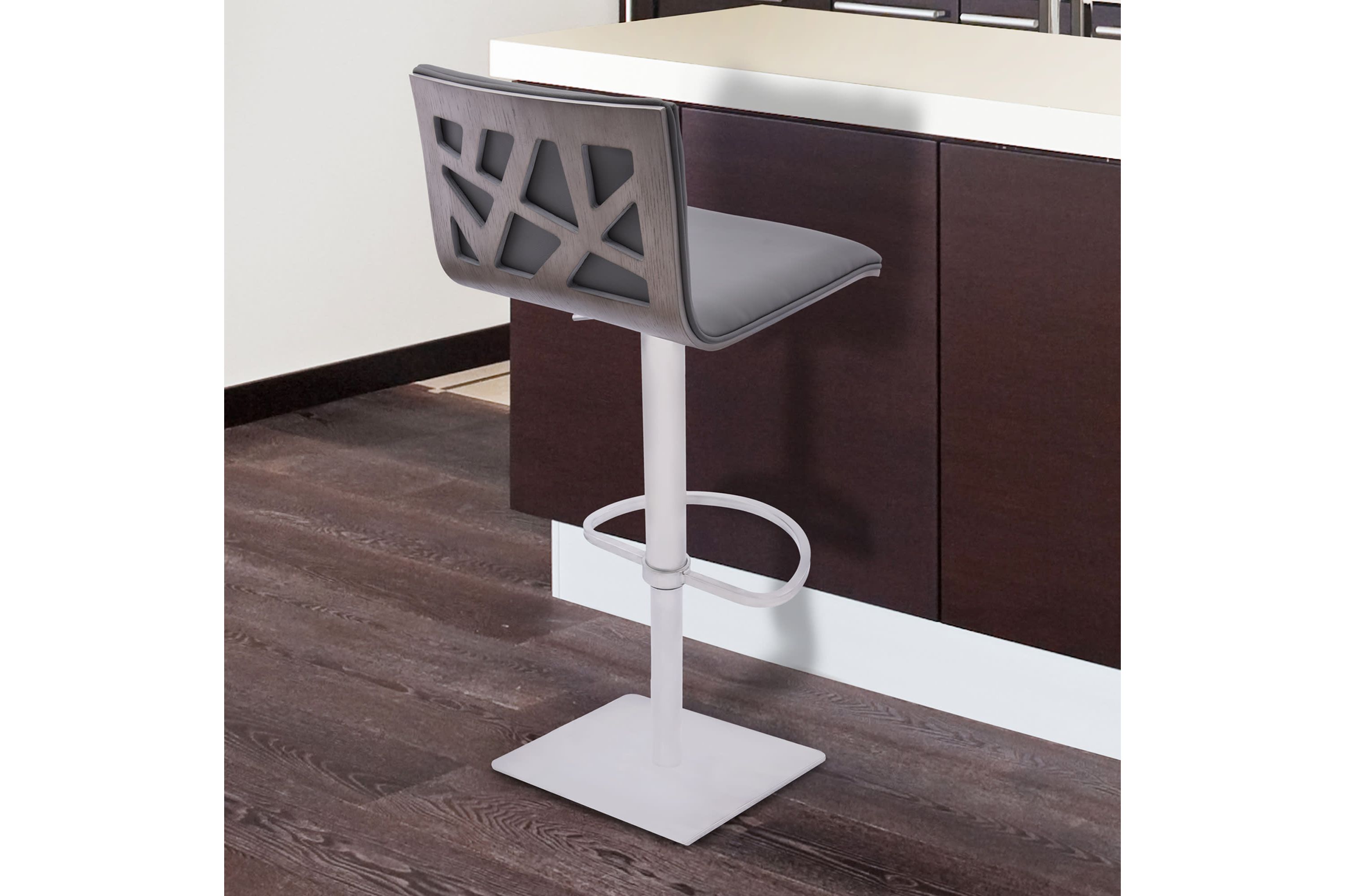 Crystal Adjustable Height Swivel Gray Faux Leather and Gray Walnut Bar Stool with Brushed Stainless Steel Base