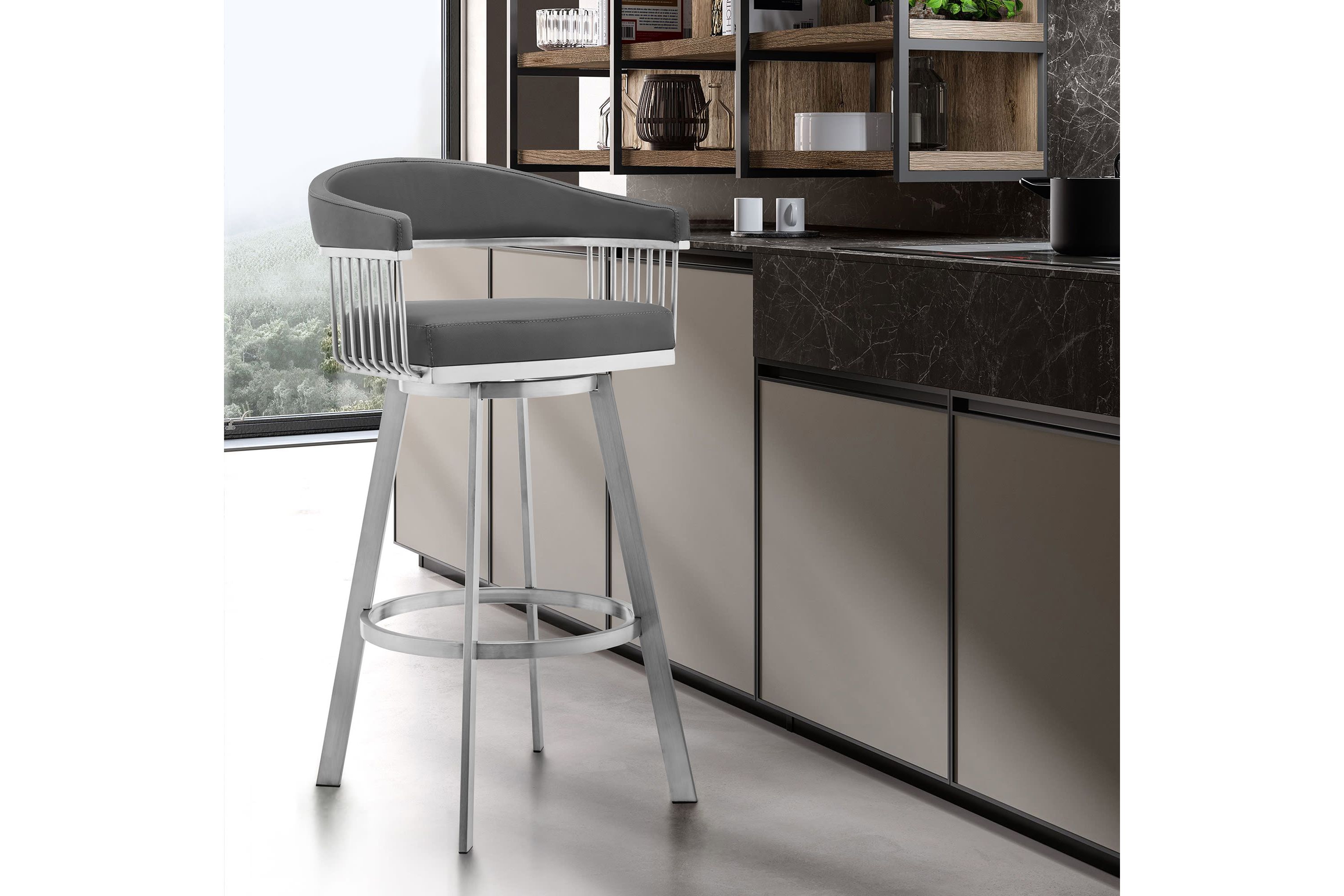 Chelsea 26" Gray Faux Leather and Brushed Stainless Steel Swivel Bar Stool