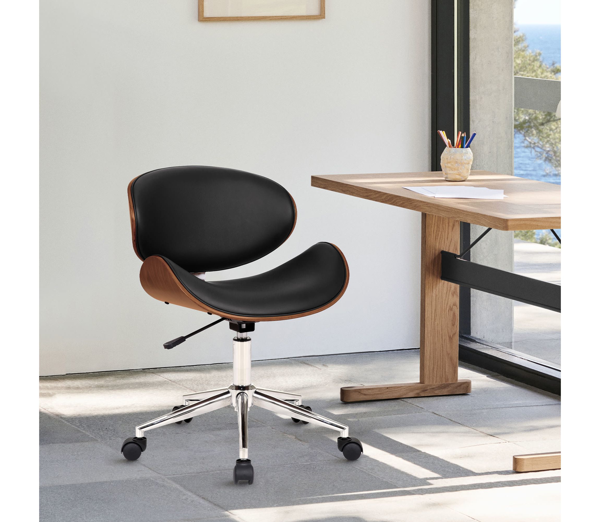 Daphne Modern Office Chair In Chrome Finish with Black Faux Leather And Walnut Veneer Back