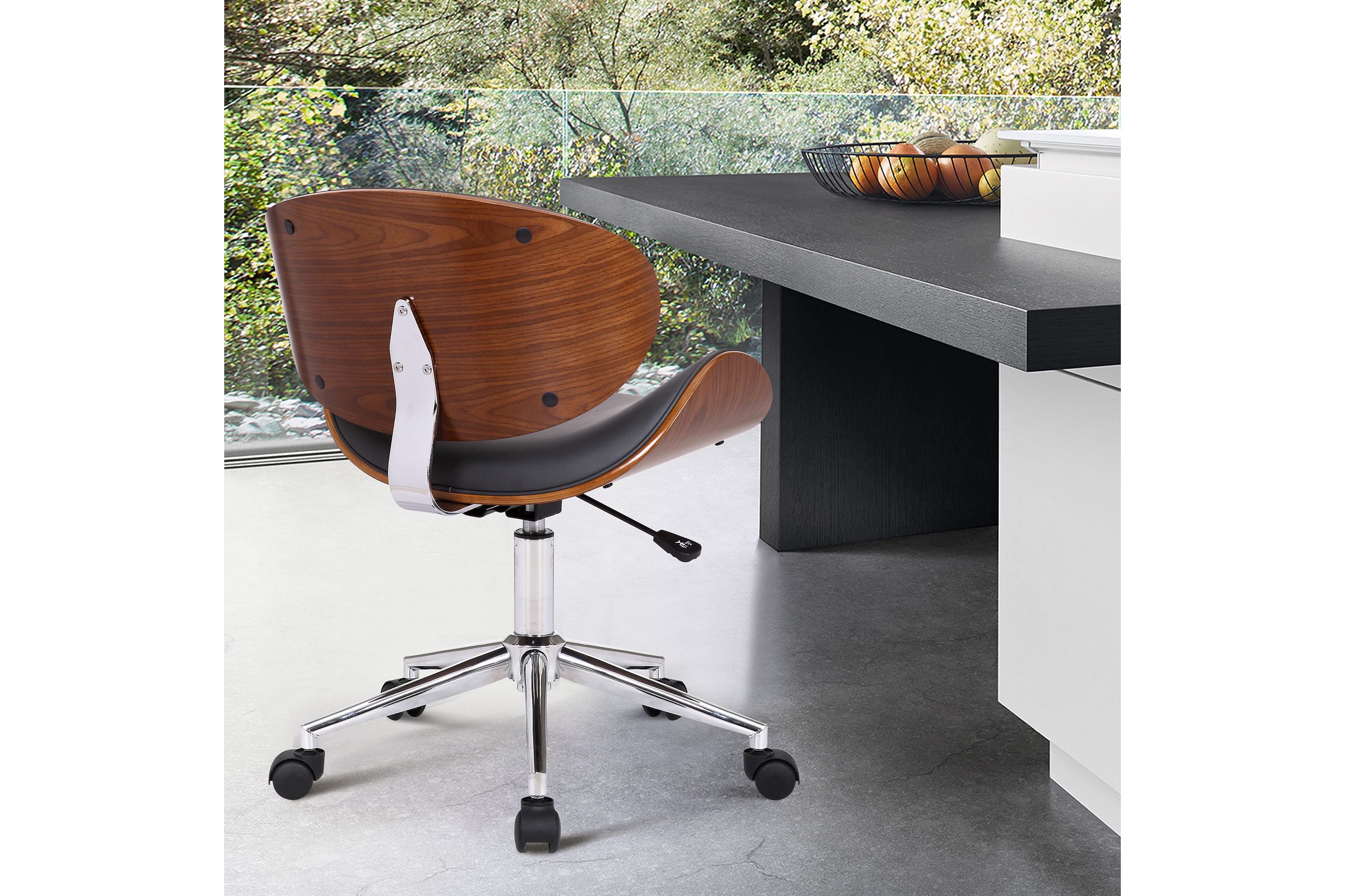Daphne Modern Office Chair In Chrome Finish with Gray Faux Leather And Walnut Veneer Back