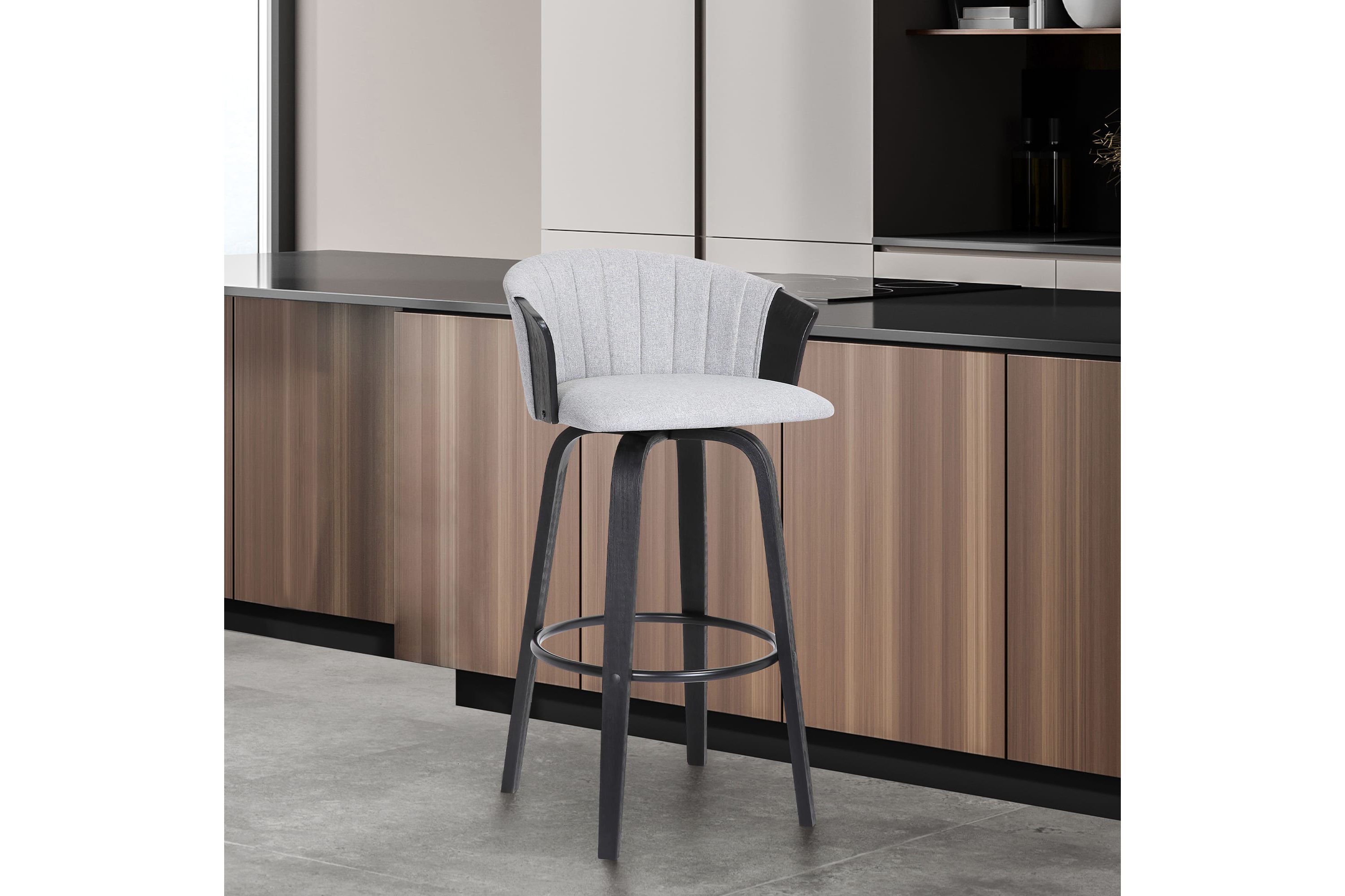 Diana 30" Swivel Black Wood Bar Stool in Light Gray Fabric