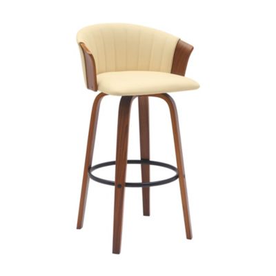 Armen Living Diana 30" Swivel Walnut Wood Bar Stool in Cream Faux Leather, White