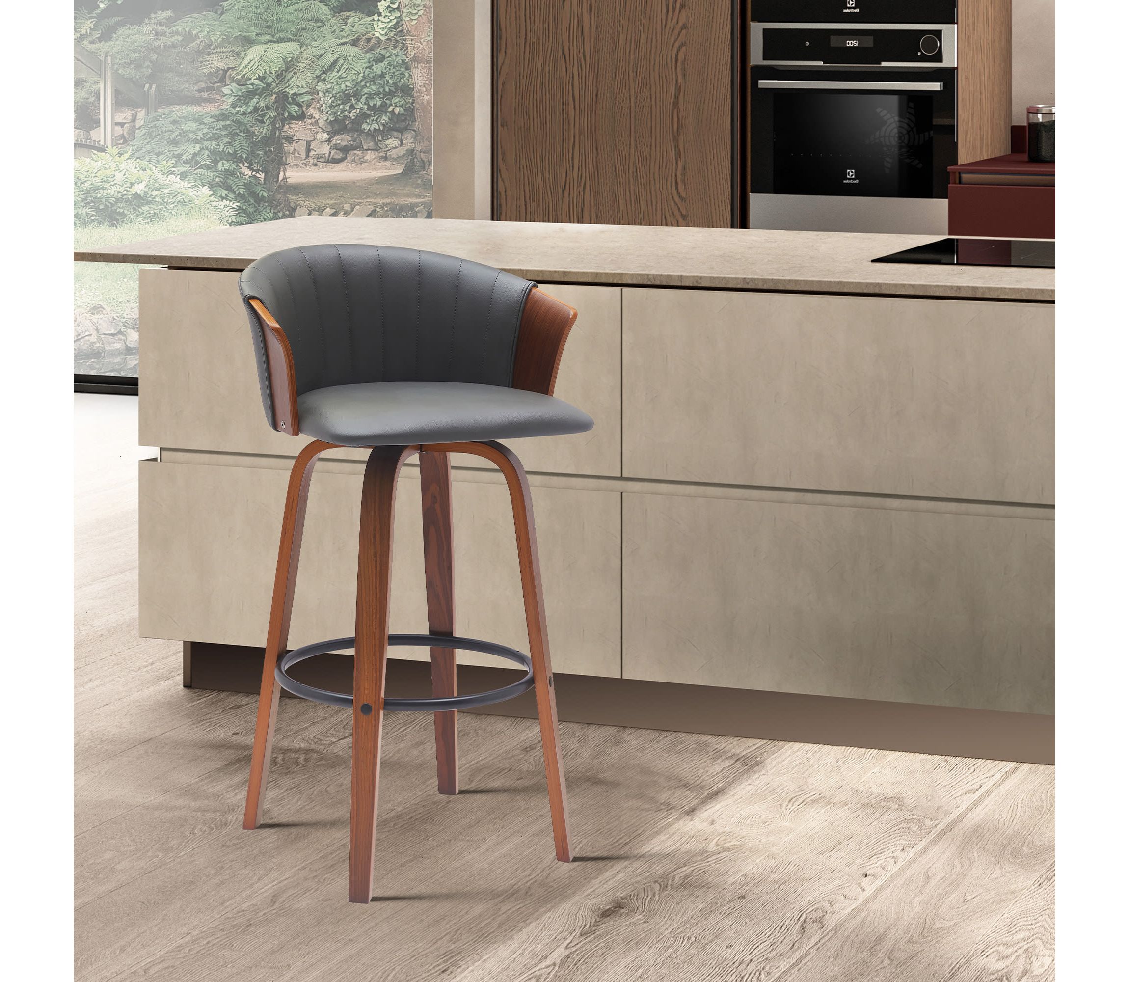 Diana 30" Swivel Walnut Wood Bar Stool in Gray Faux Leather