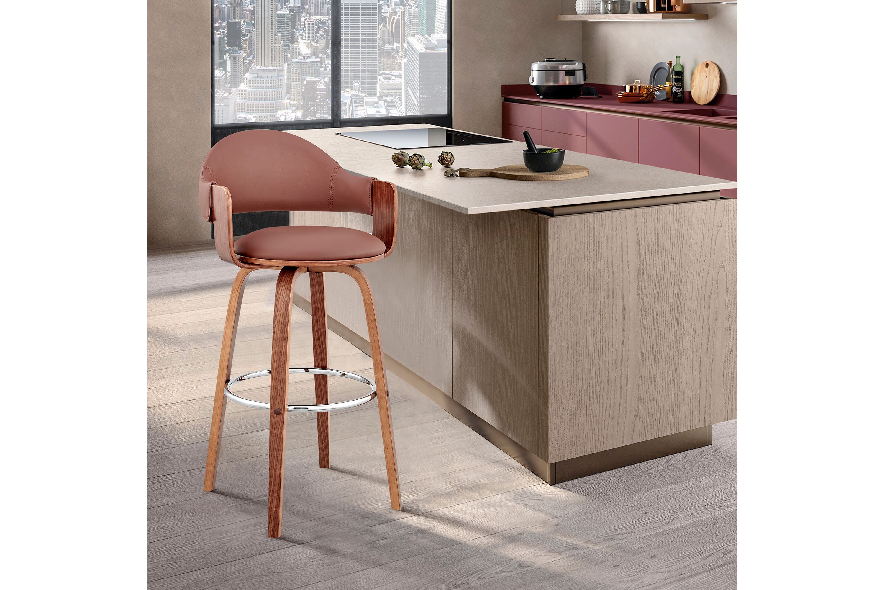 Daxton 30" Brown Faux Leather and Walnut Wood Bar Stool