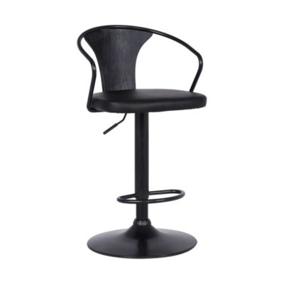 Armen Living Eagle Adjustable Height Swivel Black Faux Leather and Wood Bar Stool with Black Metal Base