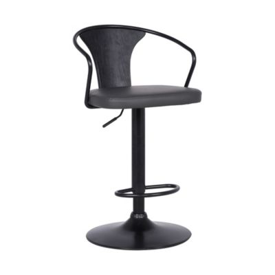 Armen Living Eagle Adjustable Height Swivel Grey Faux Leather and Black Wood Bar Stool with Black Metal Base, Gray