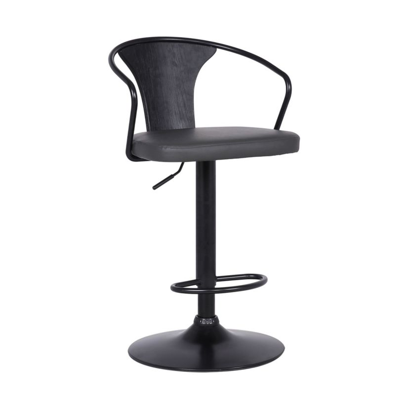 Eagle Adjustable Height Swivel Grey Faux Leather and Black Wood Bar Stool with Black Metal Base