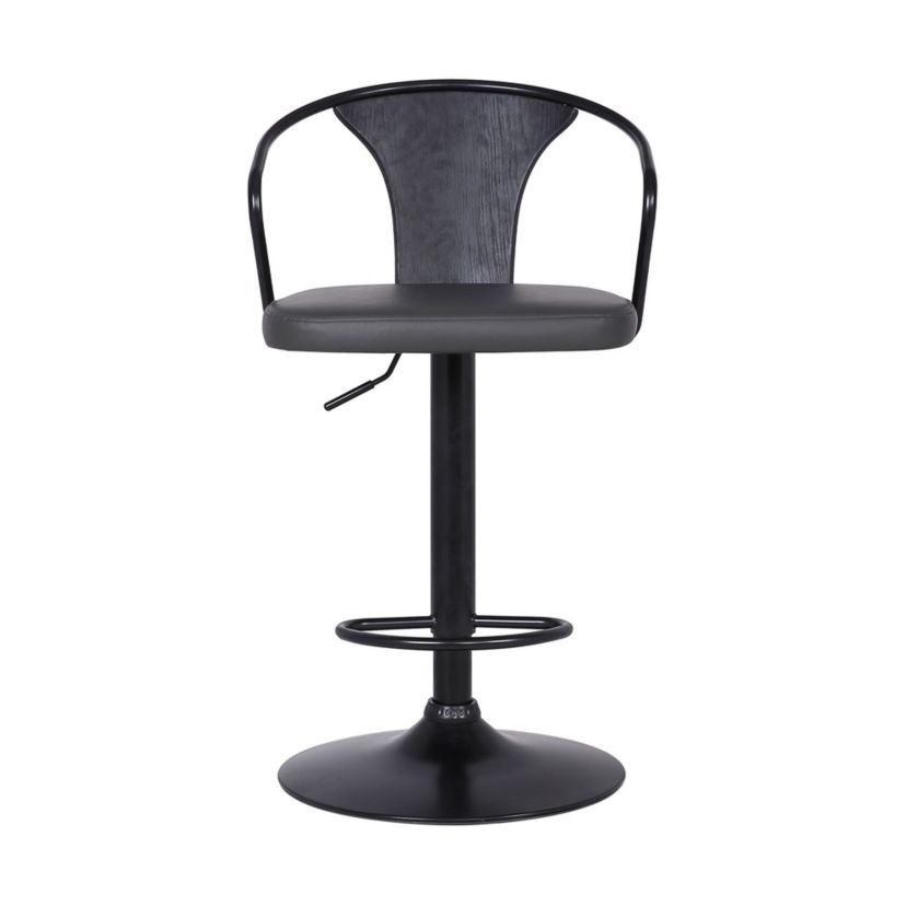Eagle Adjustable Height Swivel Grey Faux Leather and Black Wood Bar Stool with Black Metal Base