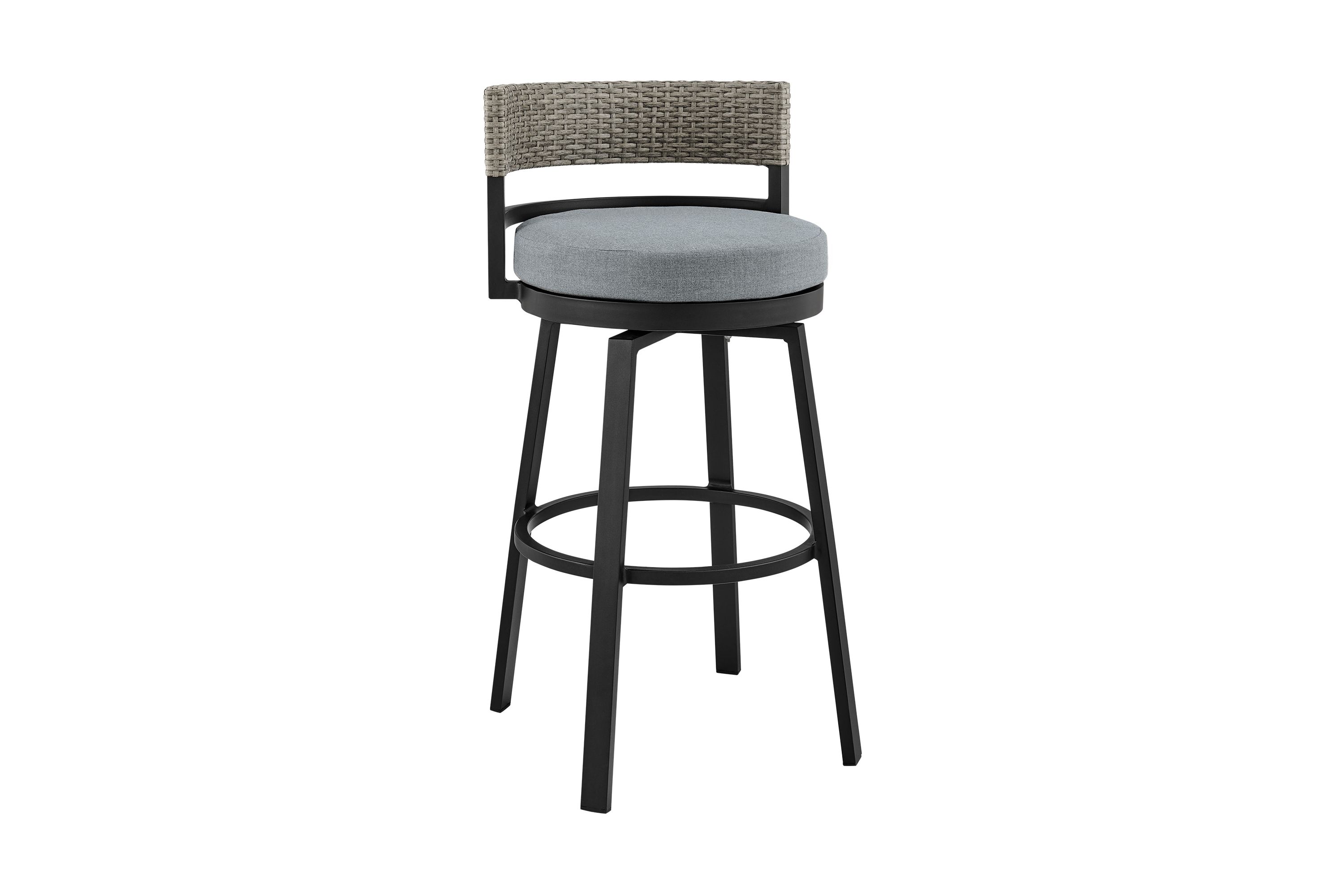 Encinitas Outdoor Patio Counter Height Swivel Bar Stool in Aluminum and Wicker with Gray Cushions