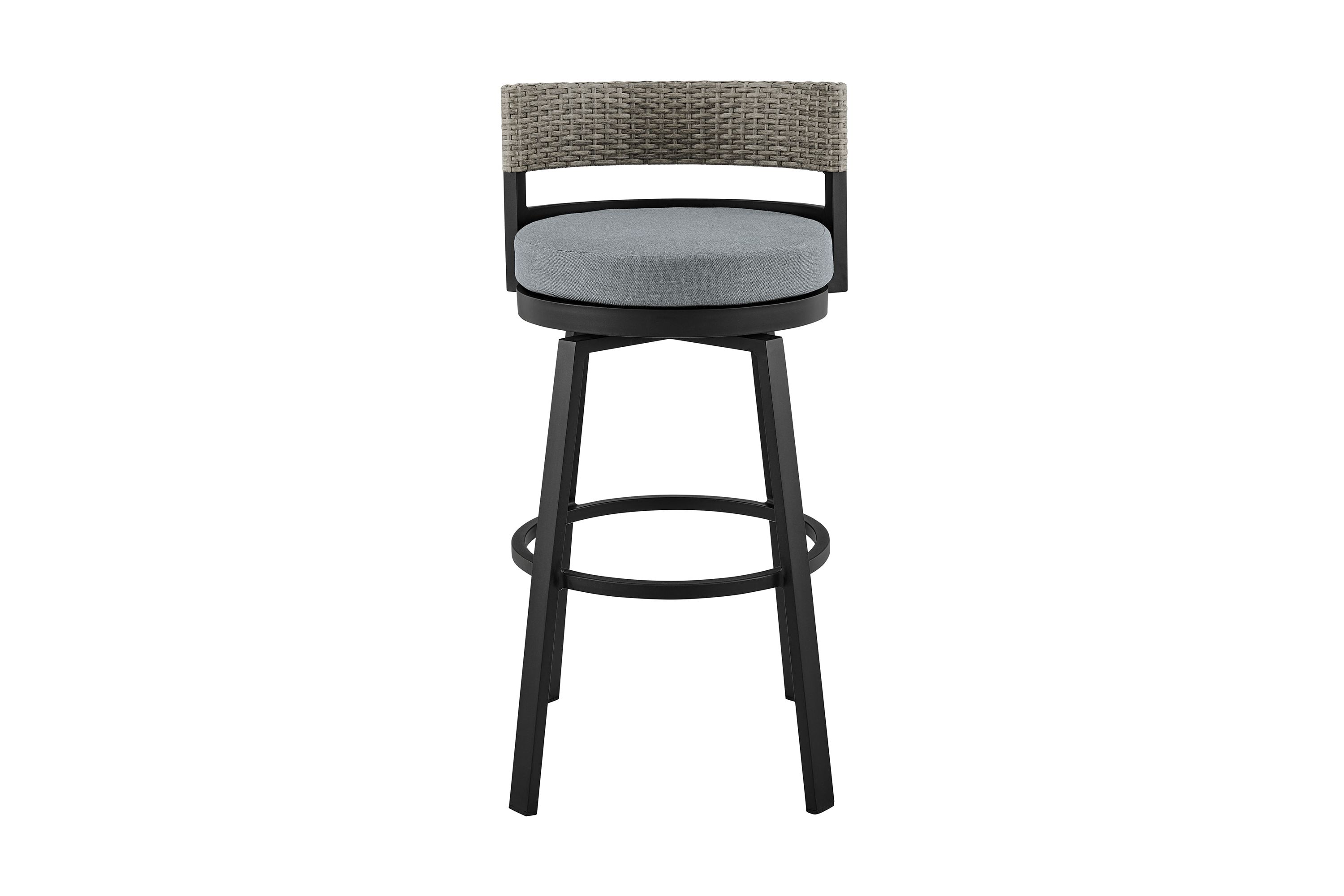 Encinitas Outdoor Patio Counter Height Swivel Bar Stool in Aluminum and Wicker with Gray Cushions