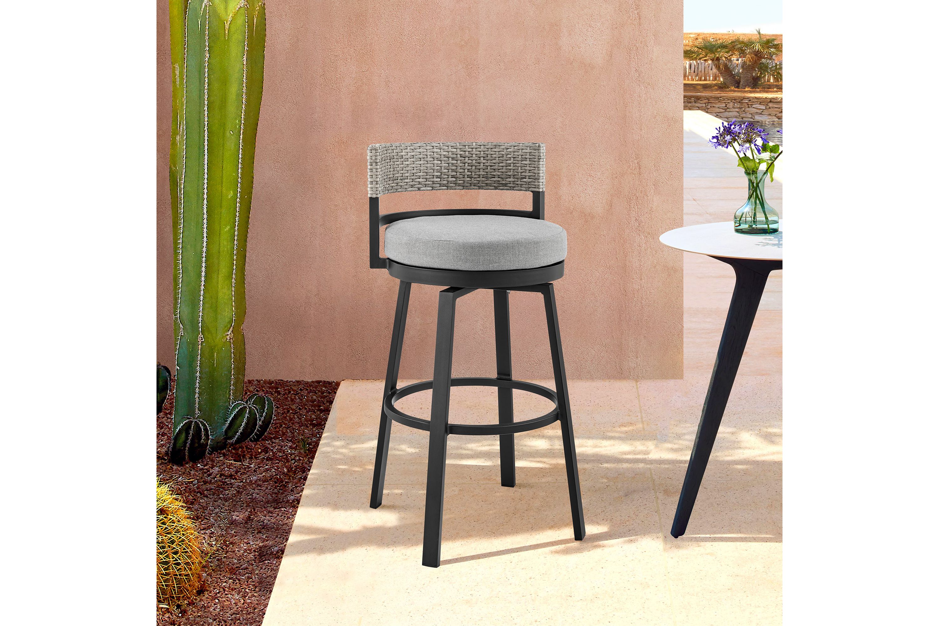 Encinitas Outdoor Patio Counter Height Swivel Bar Stool in Aluminum and Wicker with Gray Cushions