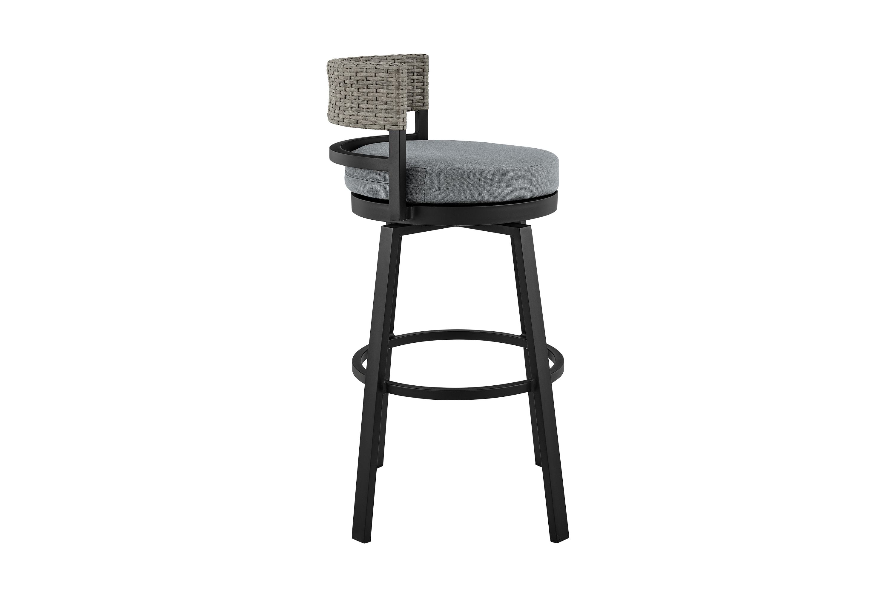Encinitas Outdoor Patio Counter Height Swivel Bar Stool in Aluminum and Wicker with Gray Cushions