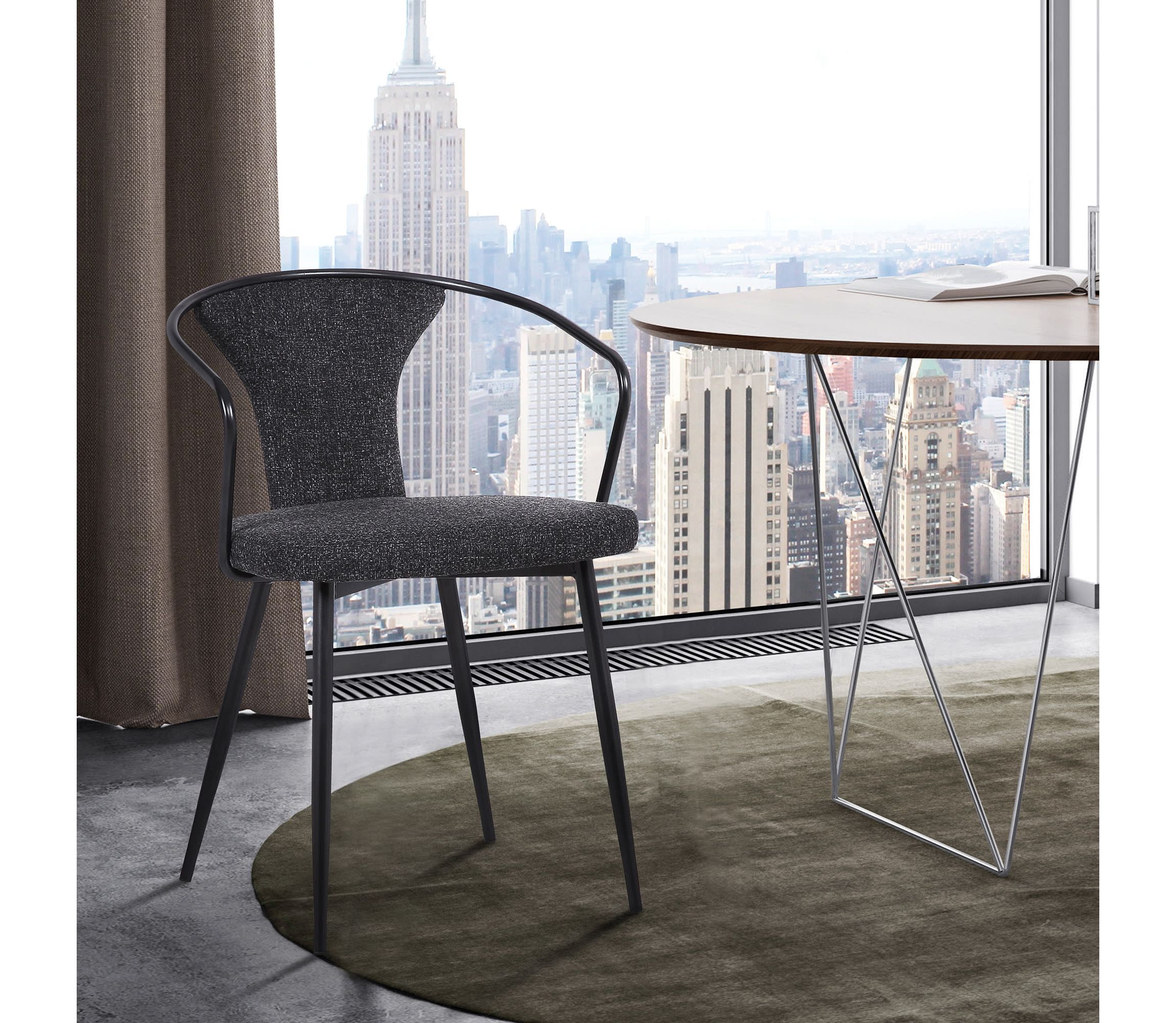 Francis Contemporary Dining Chair in Black Powder Coated Finish and Black Fabric