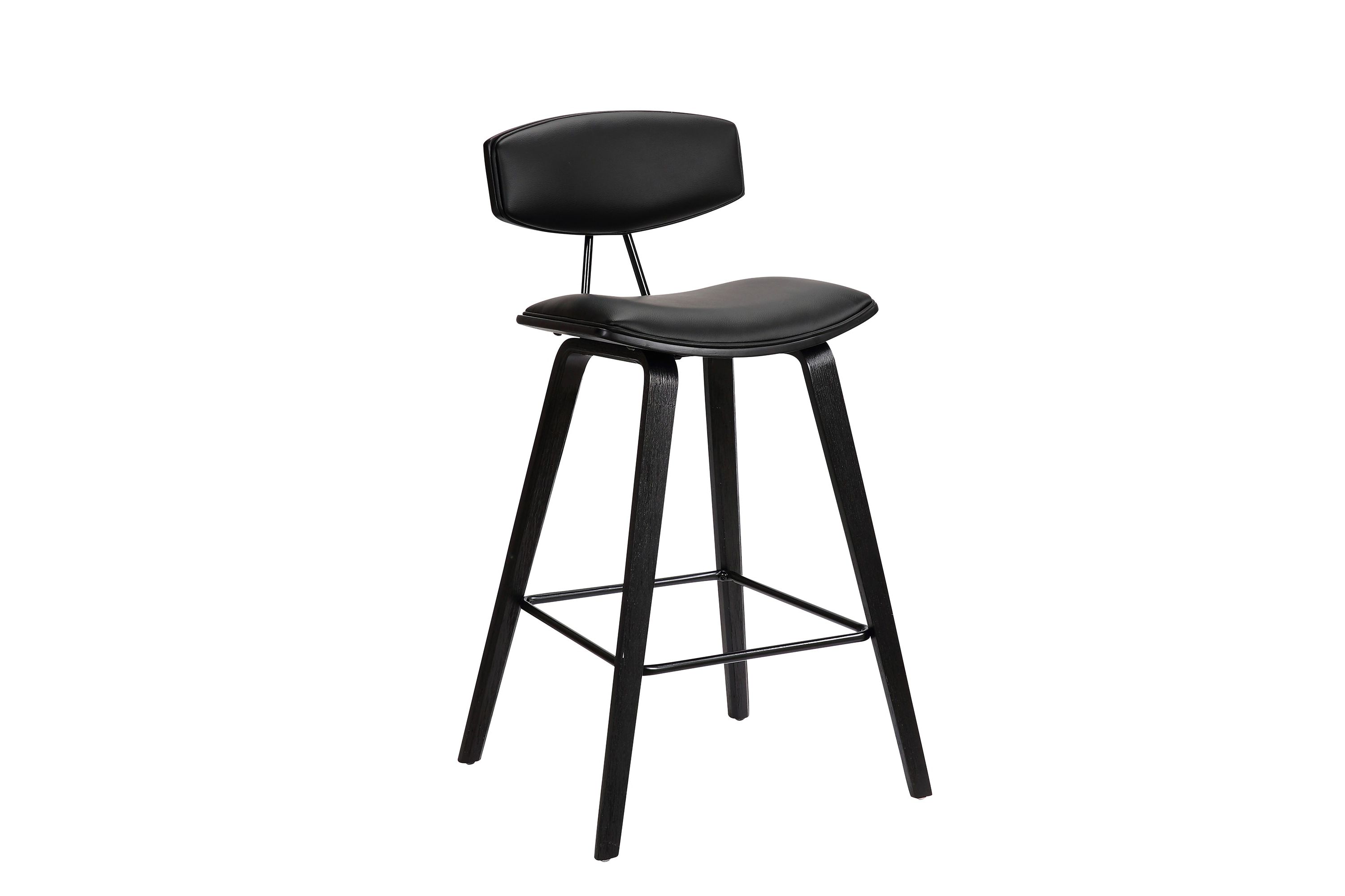 Fox 28.5" Bar Height Black Faux Leather and Black Wood Mid-Century Modern Bar Stool