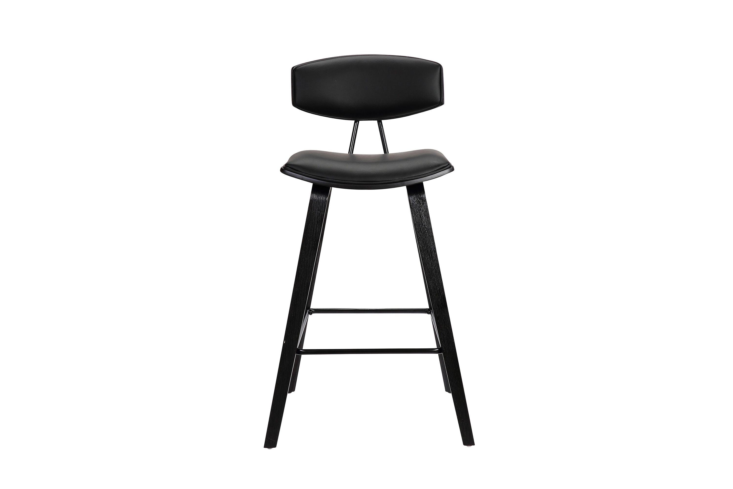 Fox 28.5" Bar Height Black Faux Leather and Black Wood Mid-Century Modern Bar Stool