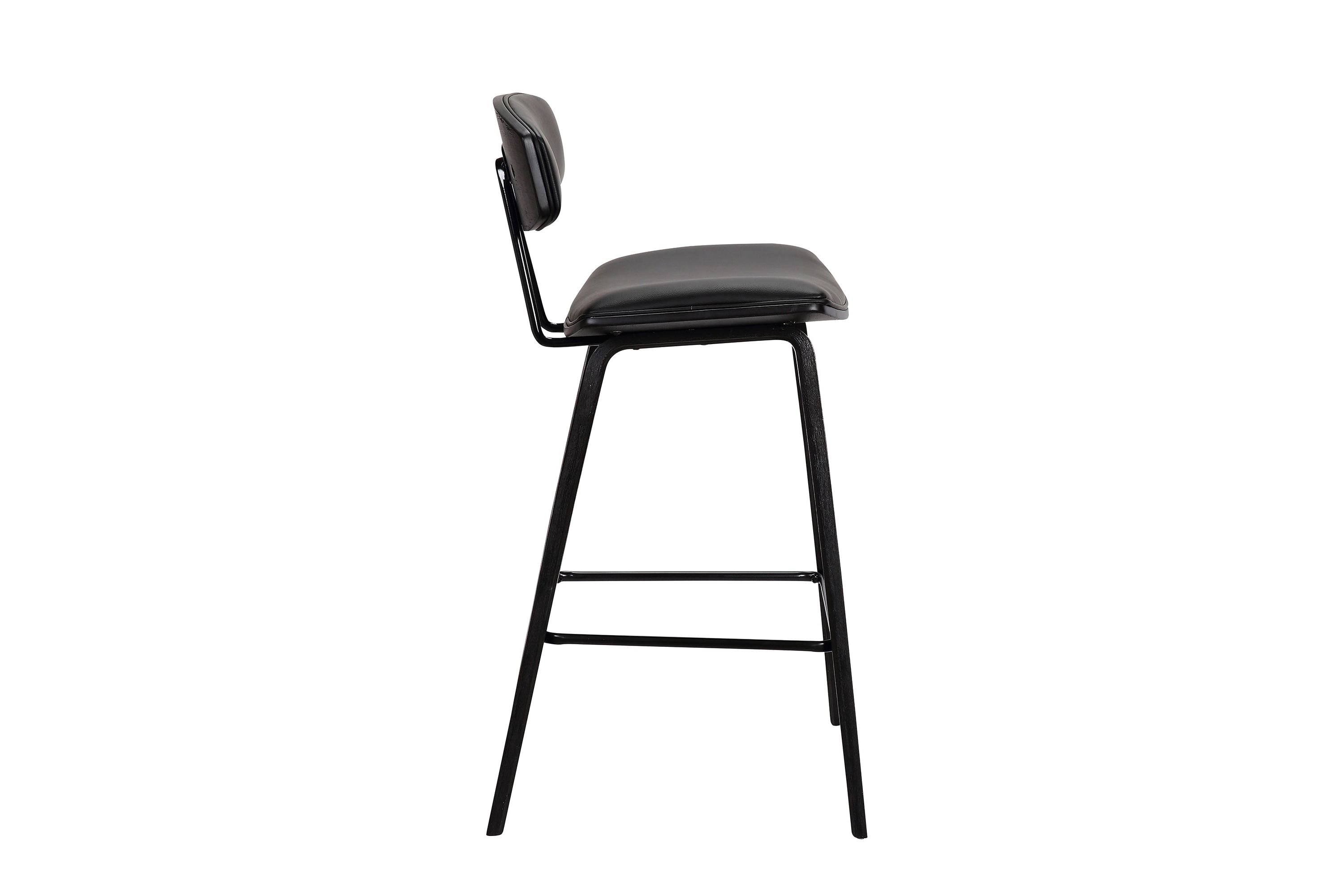Fox 28.5" Bar Height Black Faux Leather and Black Wood Mid-Century Modern Bar Stool
